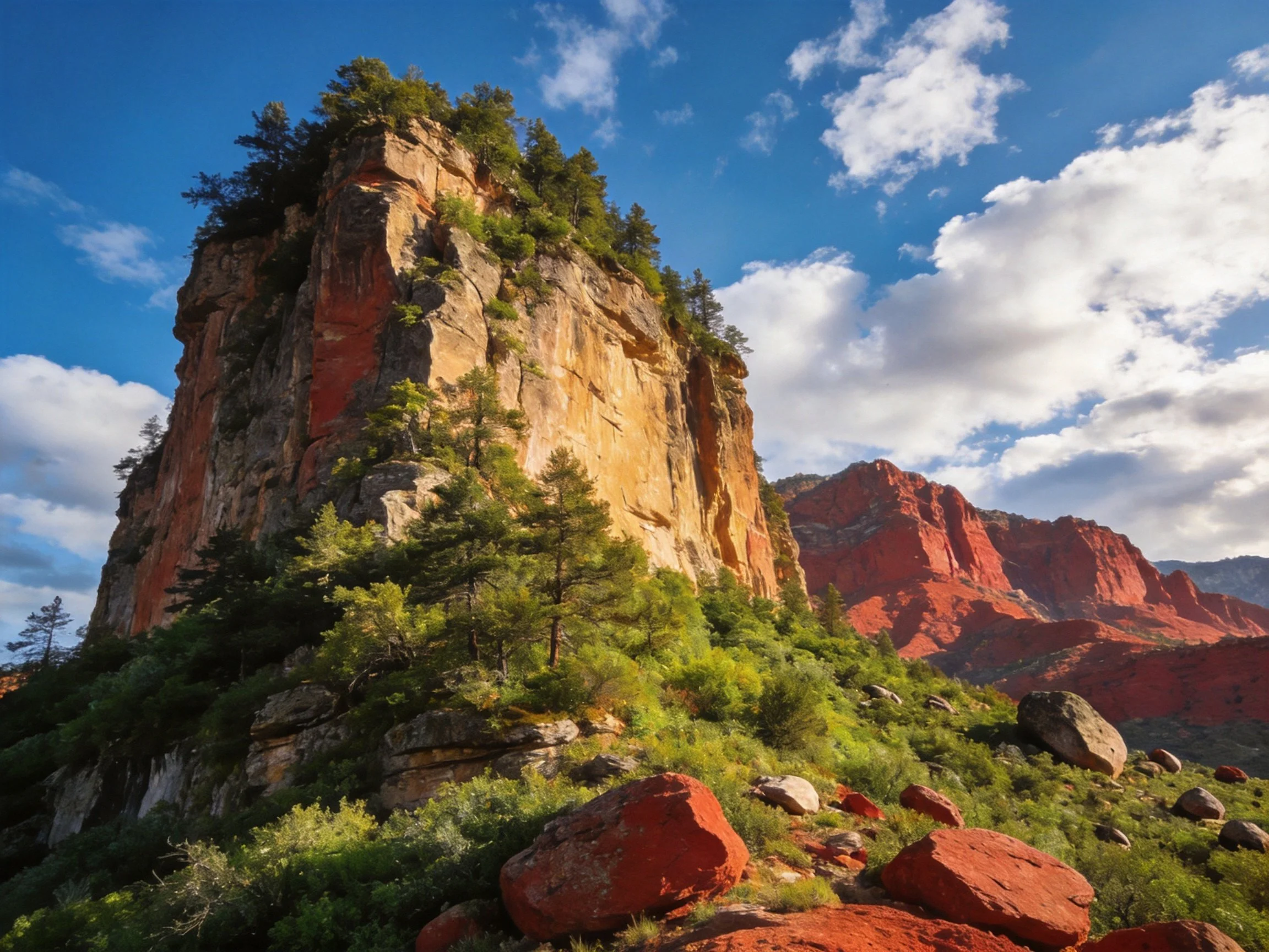 Towering reddish-brown cliff with lush green vegetation under bright blue sky