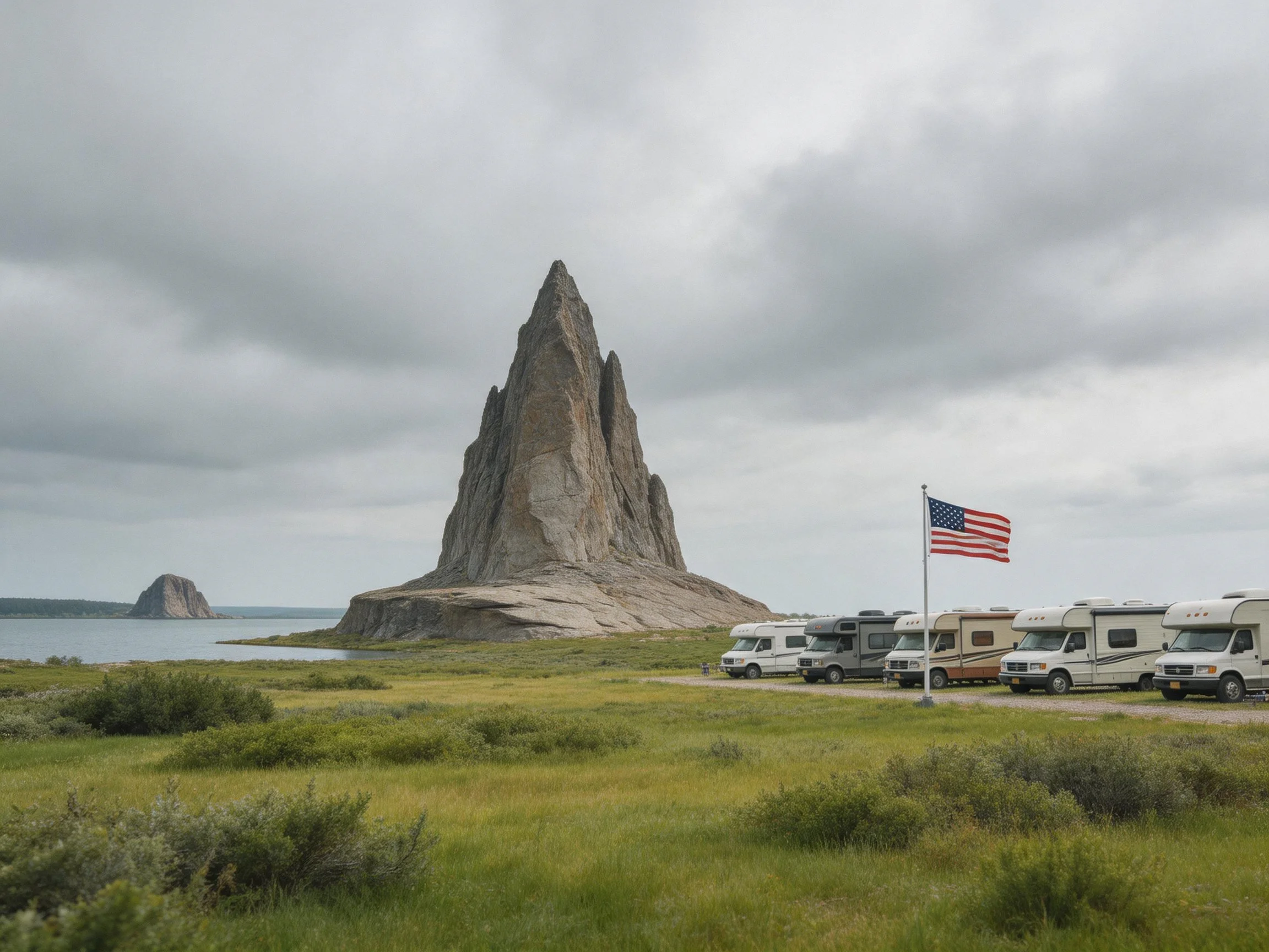 Towering rock formation by water with parked RVs and US flag