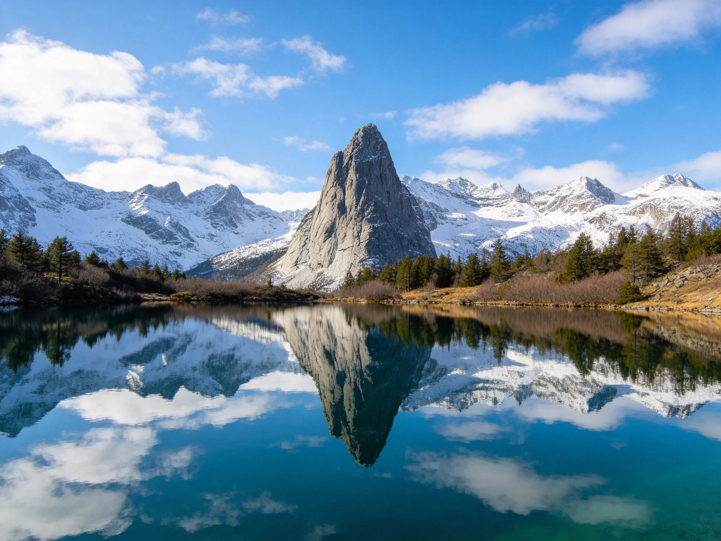 Towering rock formation reflects in serene alpine lake