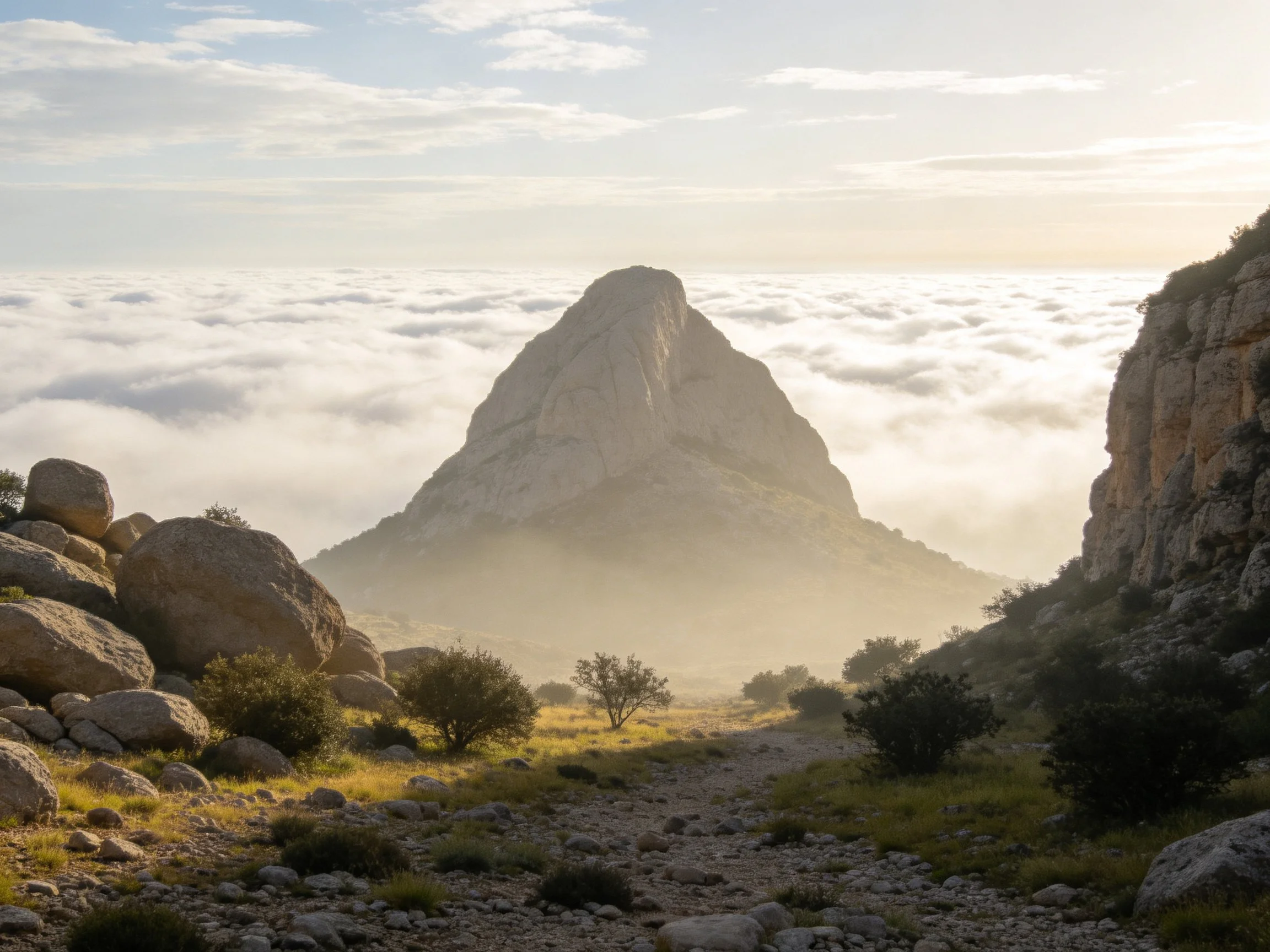 Towering rock formation rises above sea of clouds with rugged terrain