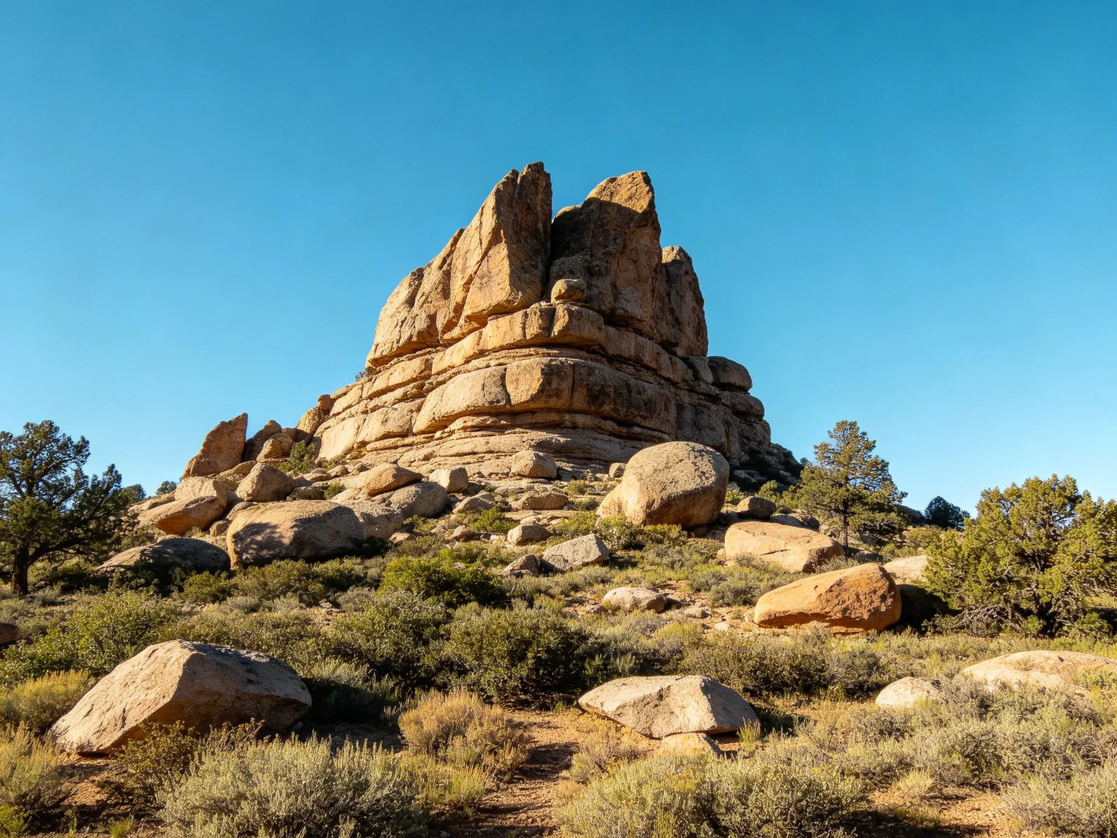 Towering rock formation with scattered boulders and desert vegetation