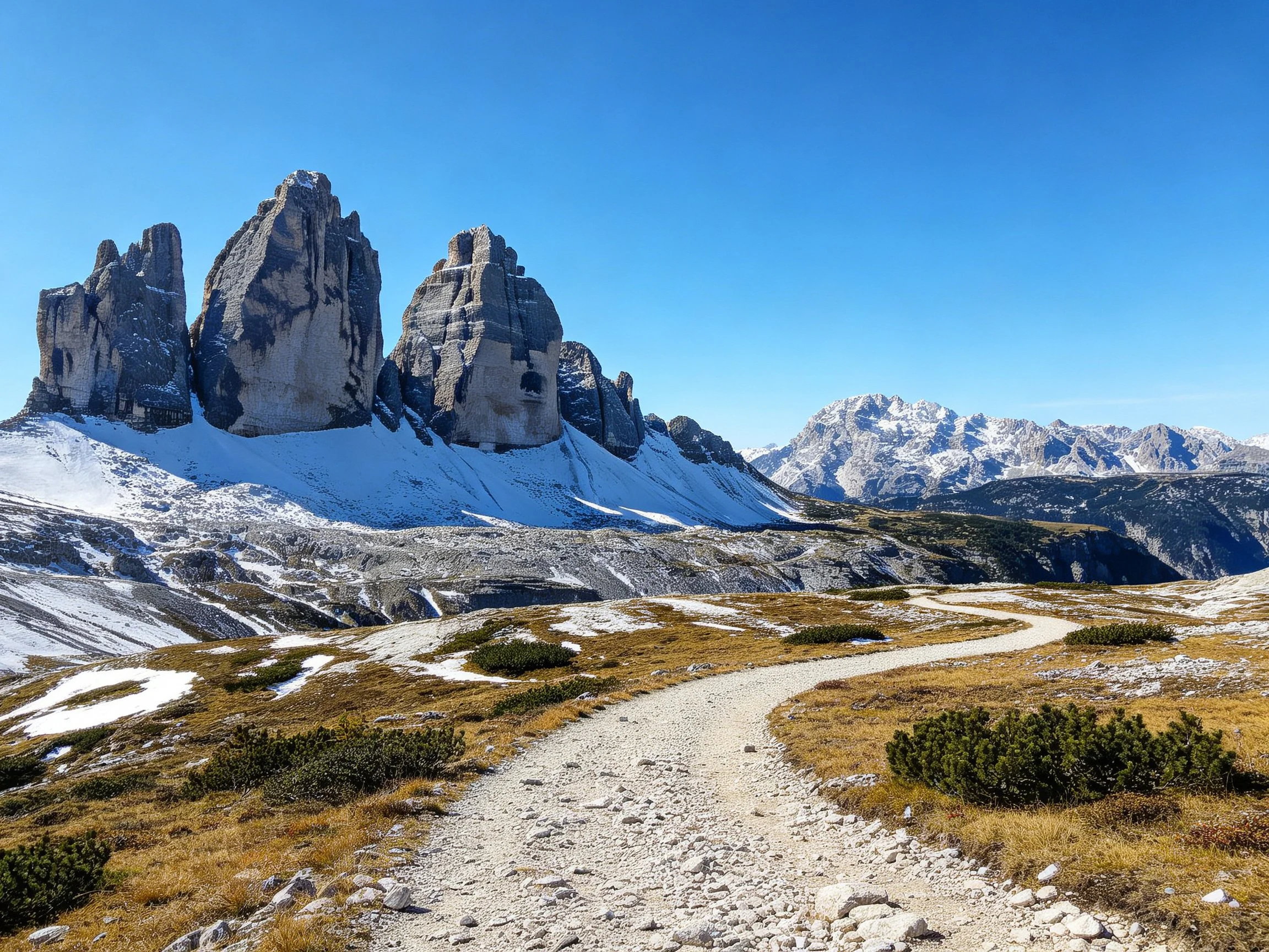Towering rock formations with patches of snow near a winding gravel hiking path