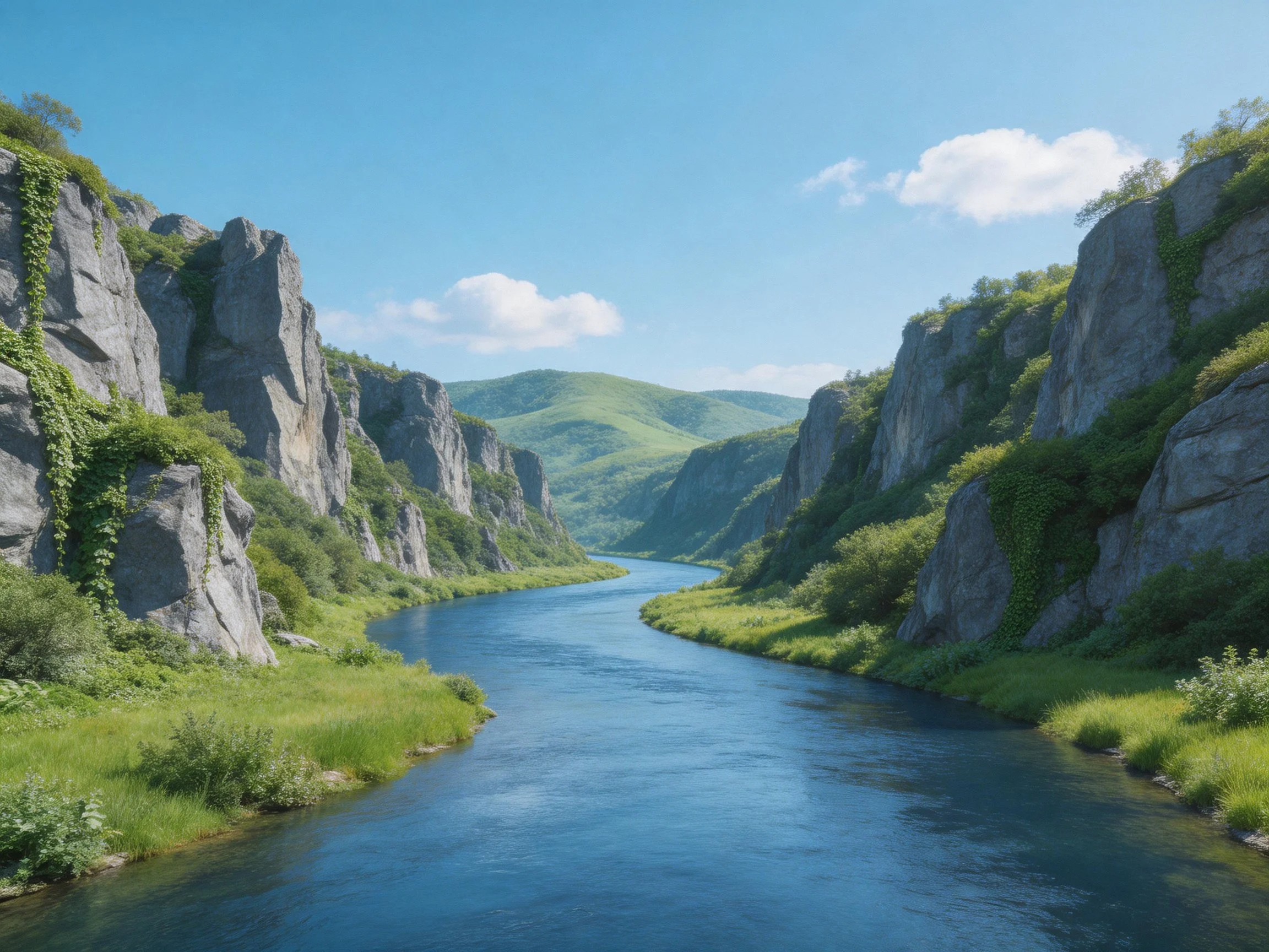 Towering rocky cliffs border a winding river through lush valleys.