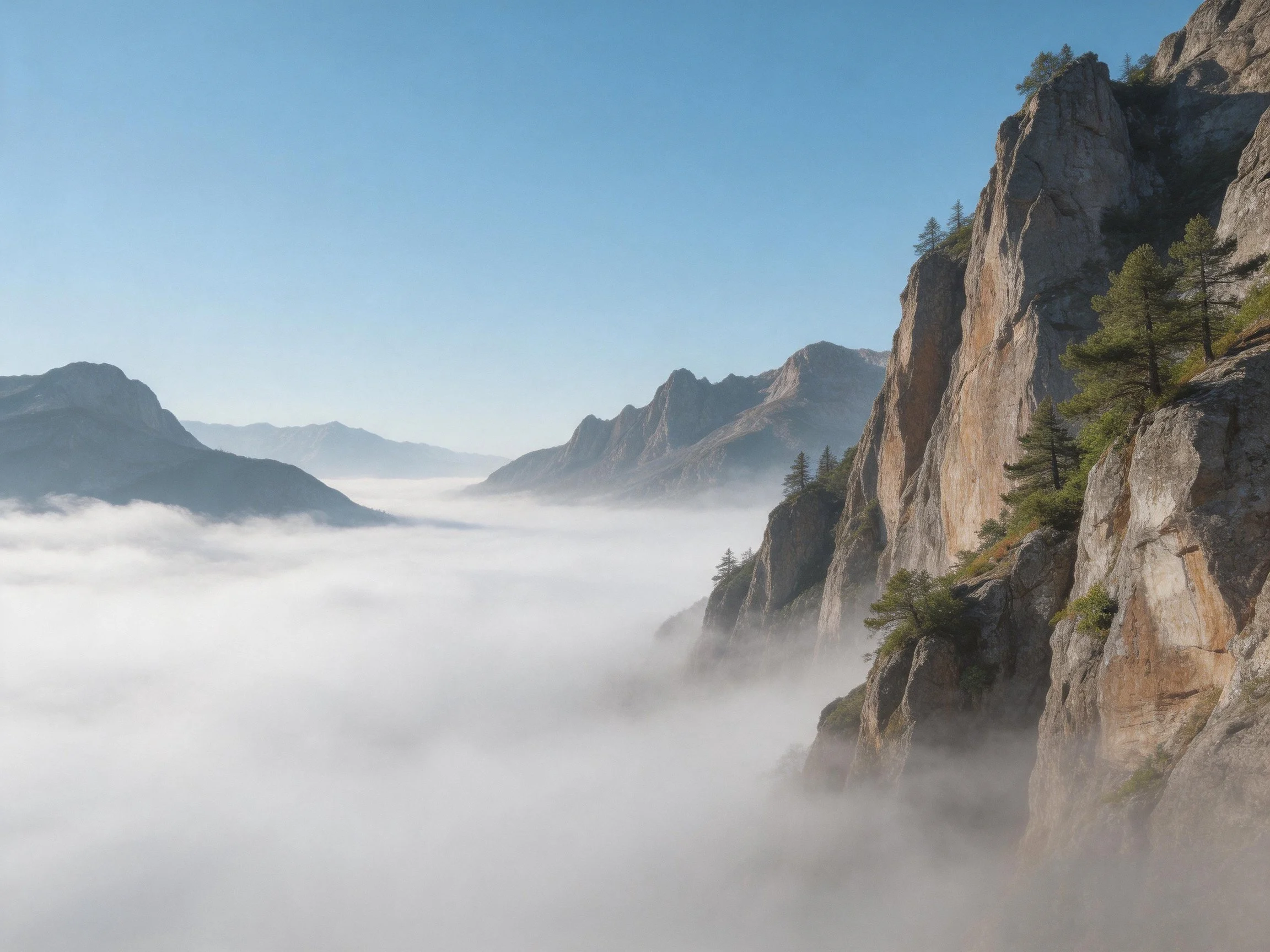 Towering rocky cliffs overlook a sea of morning mist