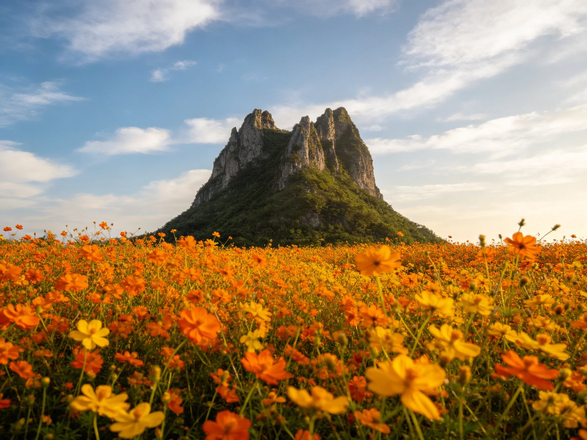Towering rocky mountain behind vibrant orange-yellow flower meadow