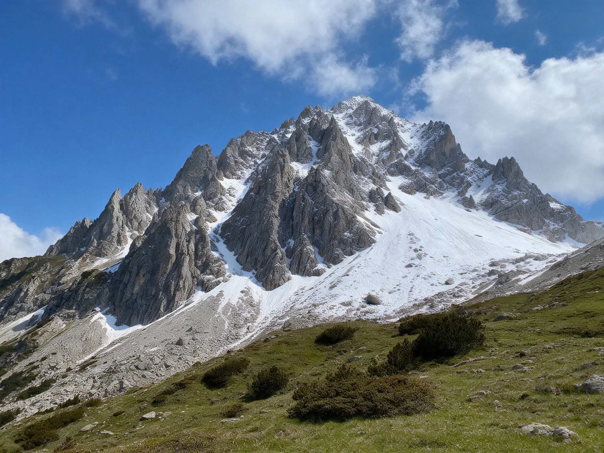 Towering rocky mountain with snow-covered peaks and green slopes