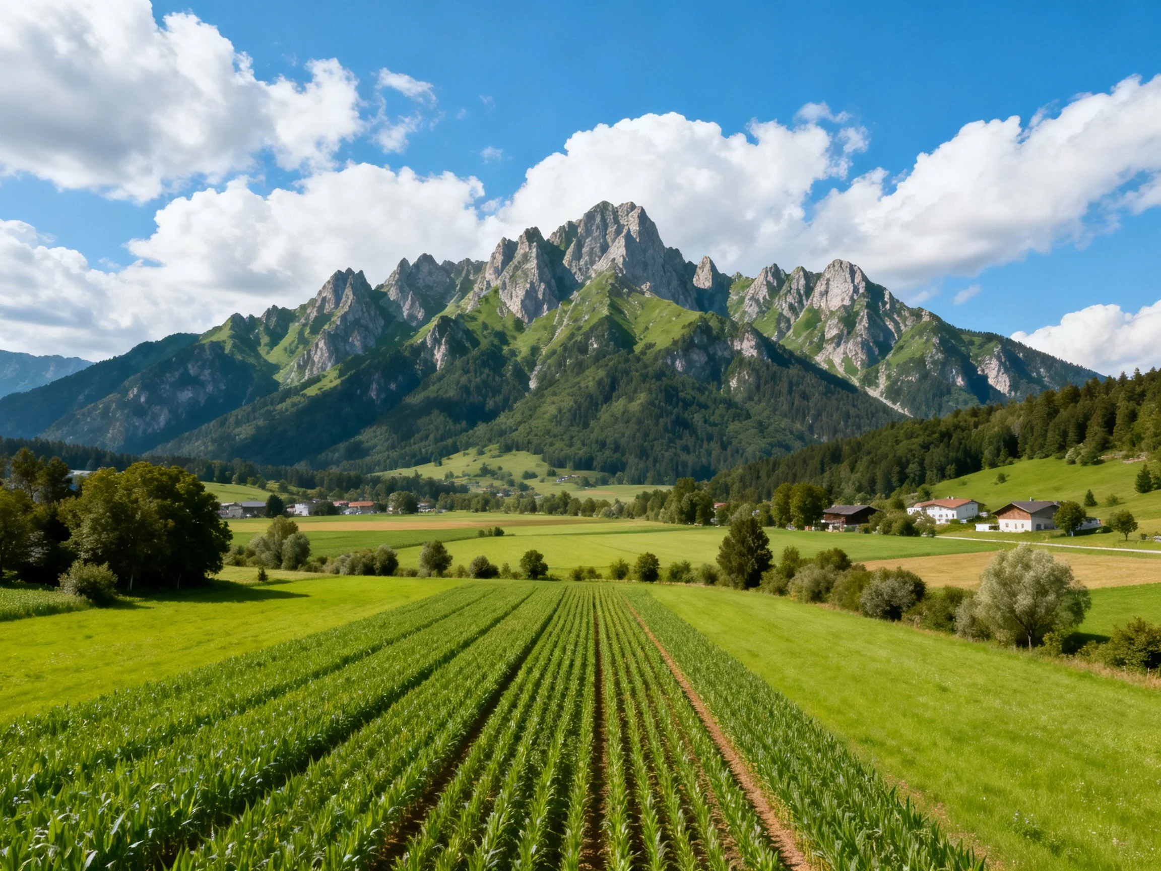 Towering rocky mountains overlook lush green farmland and scattered homes