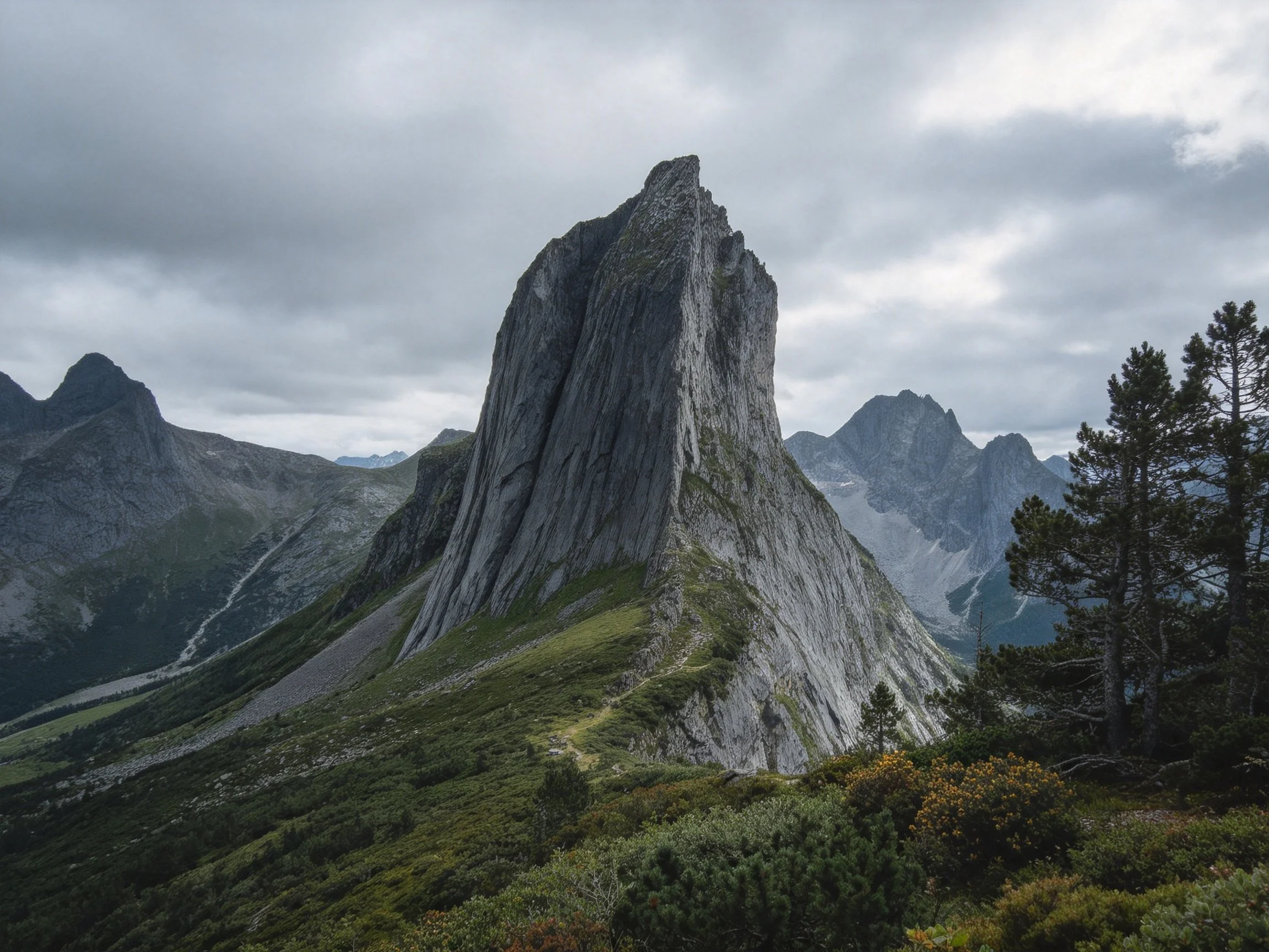 Towering rocky peak in lush alpine landscape under moody skies