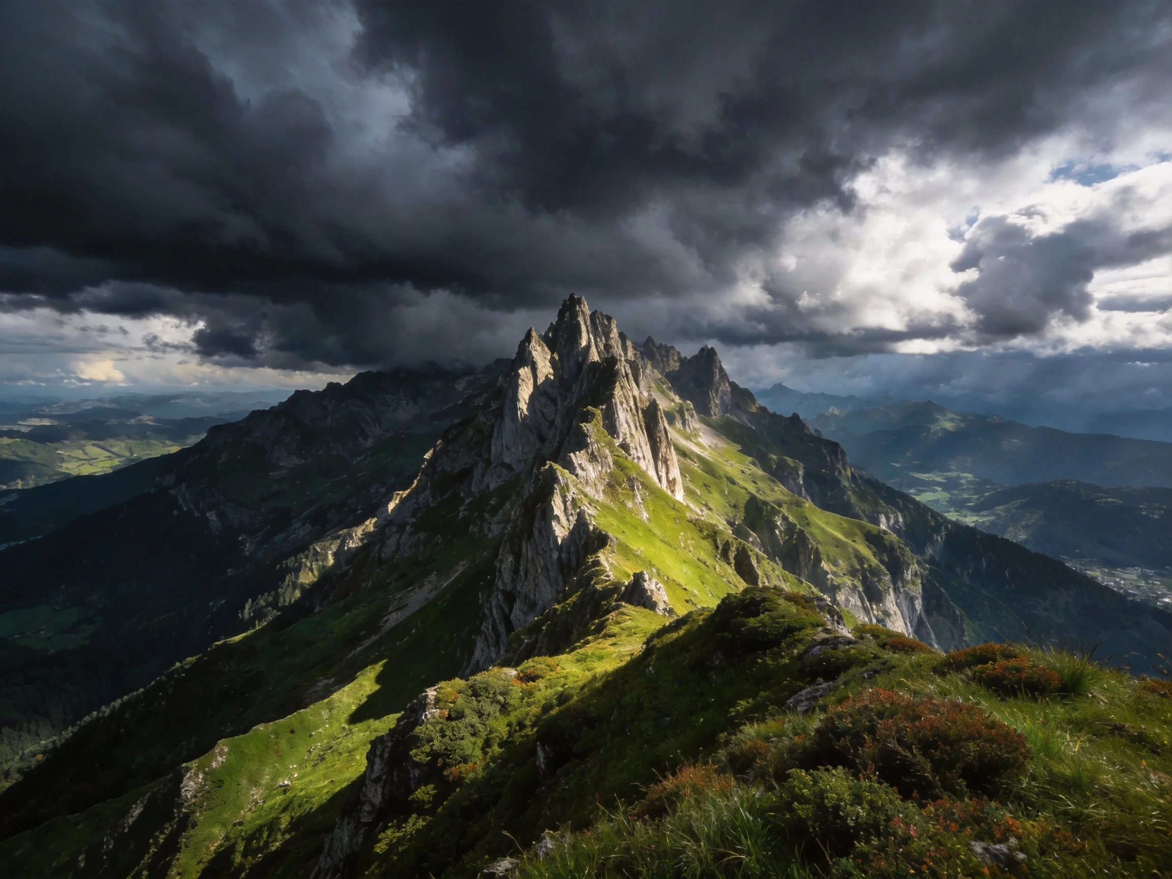 Towering rocky peak under dark stormy clouds with lush green slopes