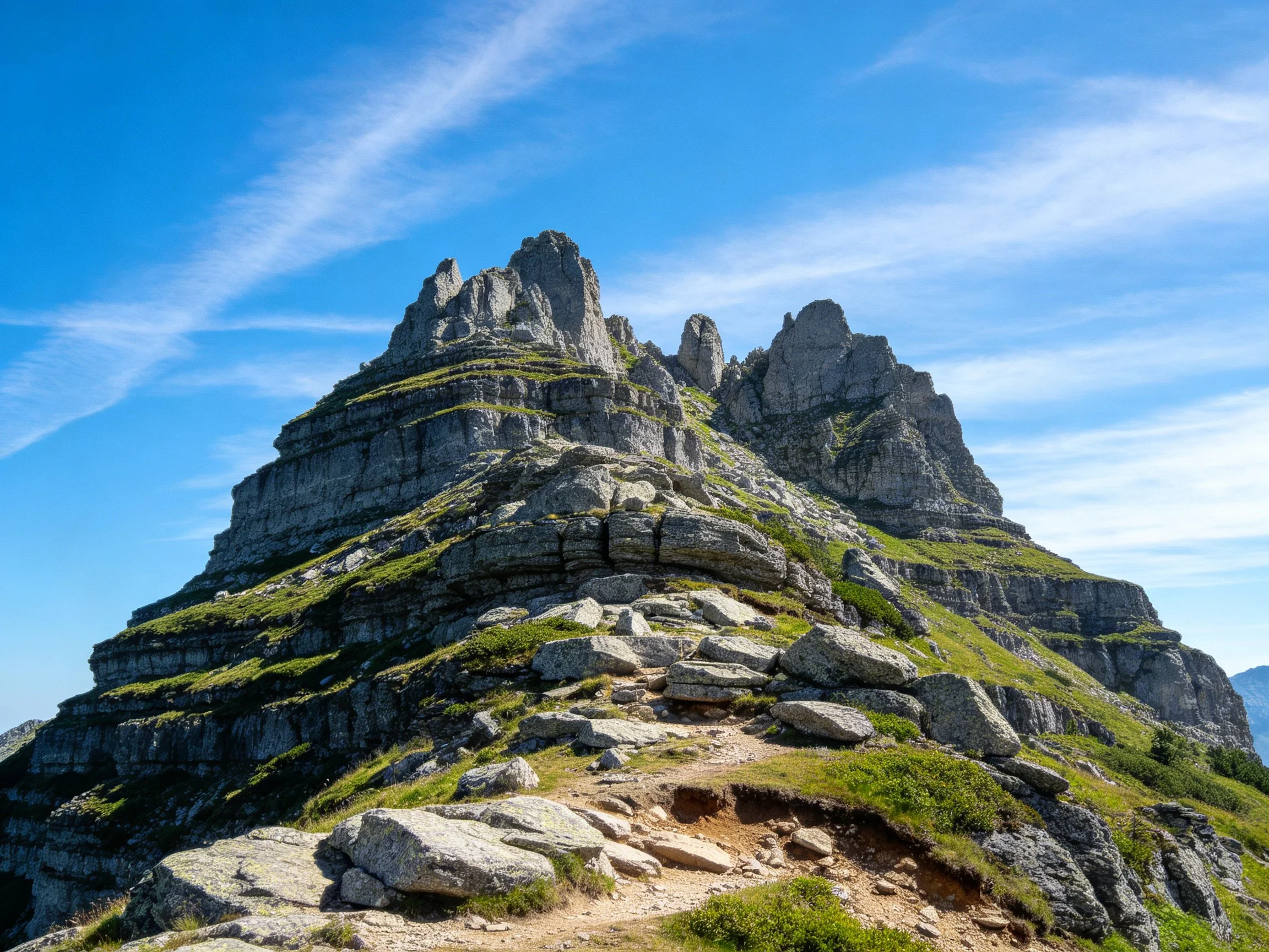 Towering rocky peak with layered stone formations