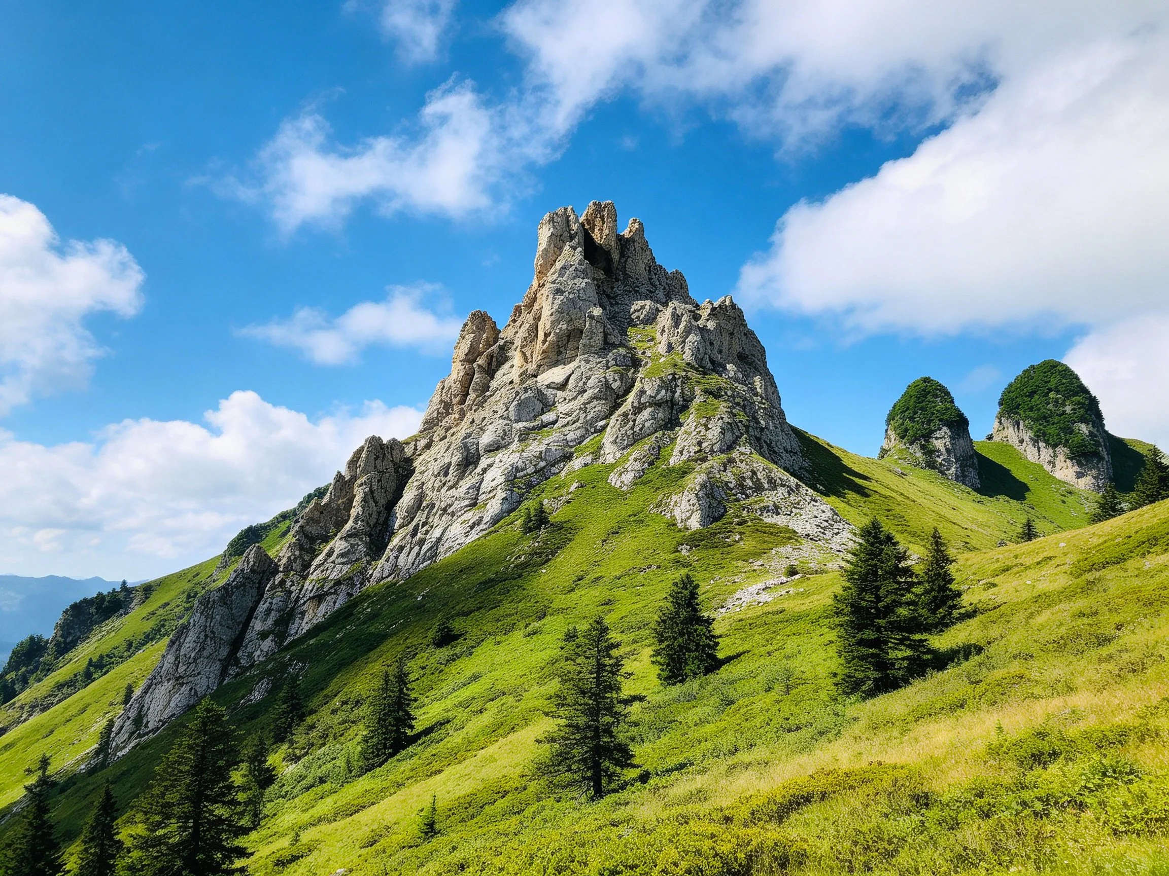 Towering rocky peaks amidst lush green meadows under bright blue sky
