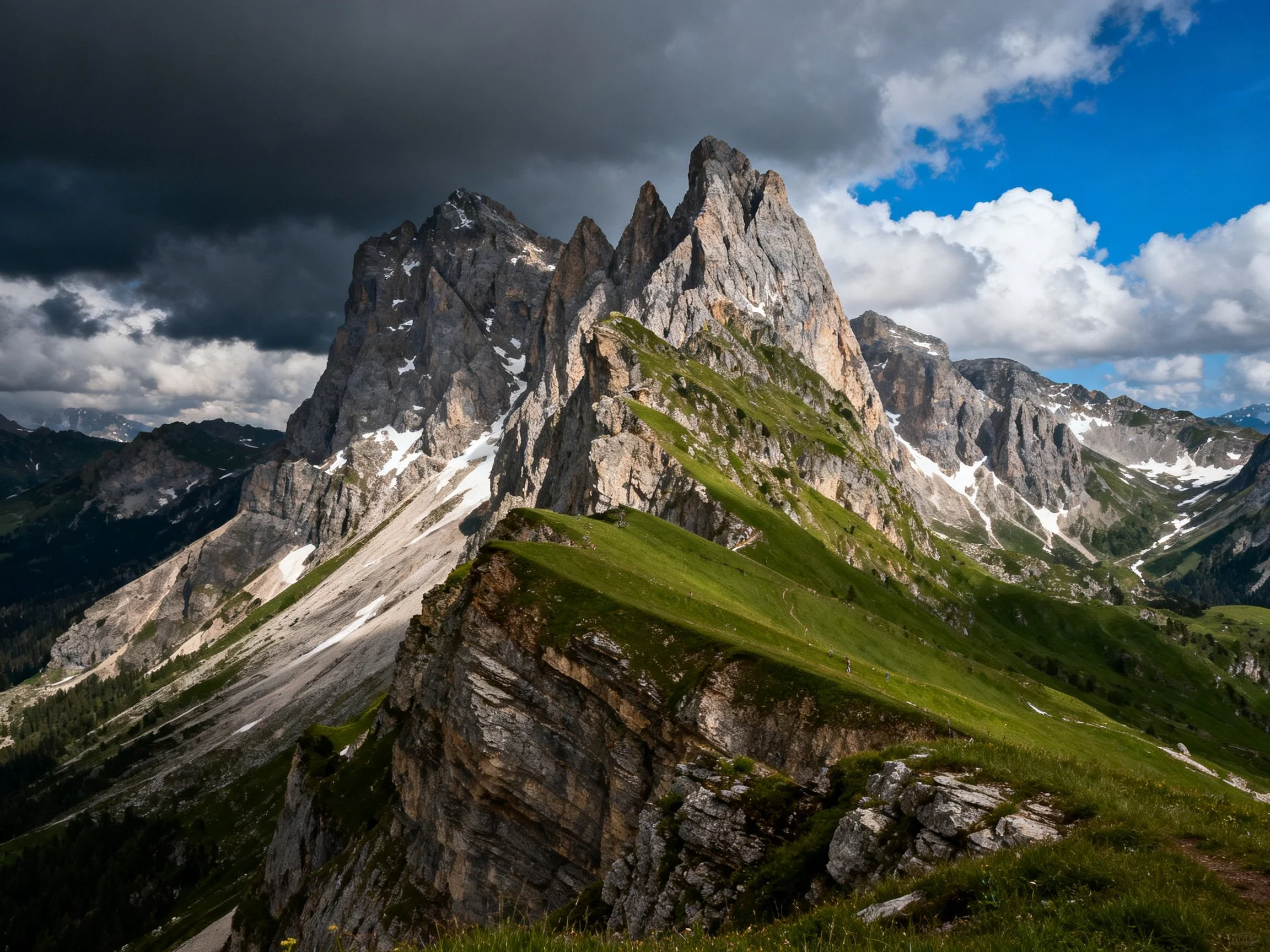 Towering rocky peaks with lush green slopes and stormy sky