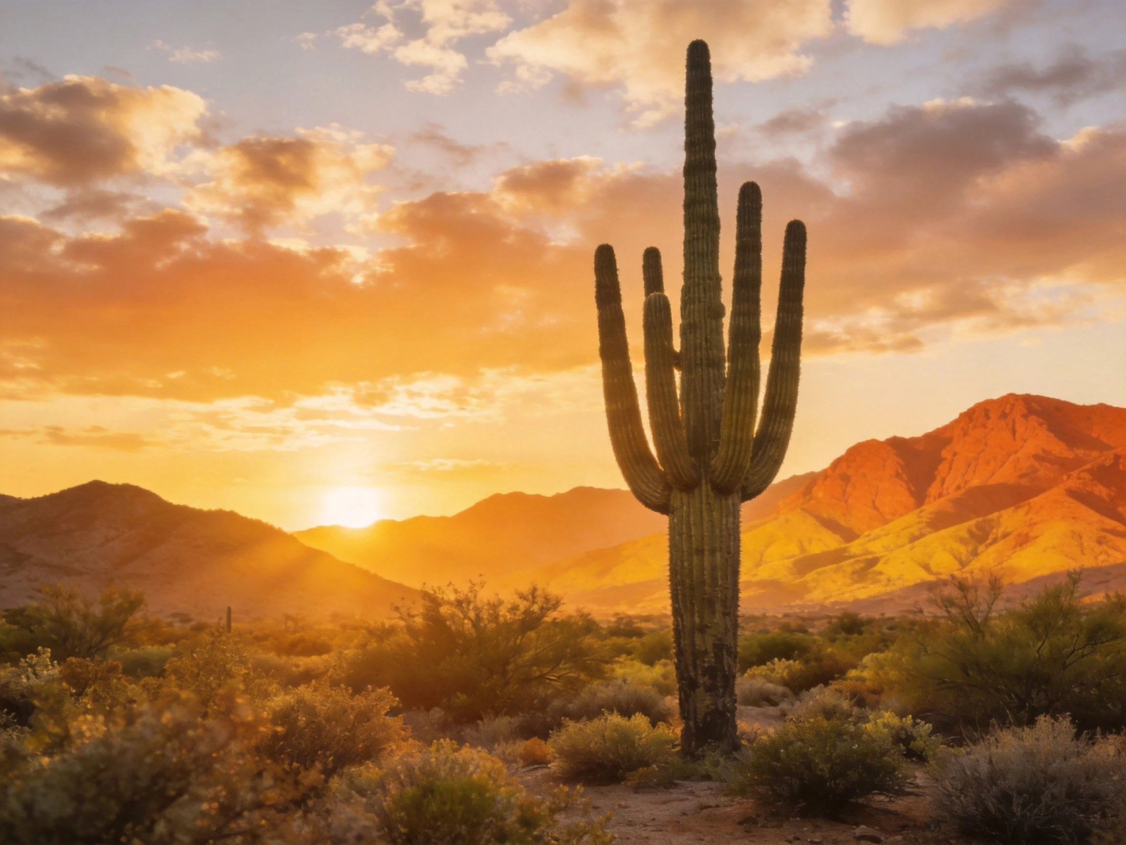 Towering saguaro cactus in desert landscape under golden sunset hues