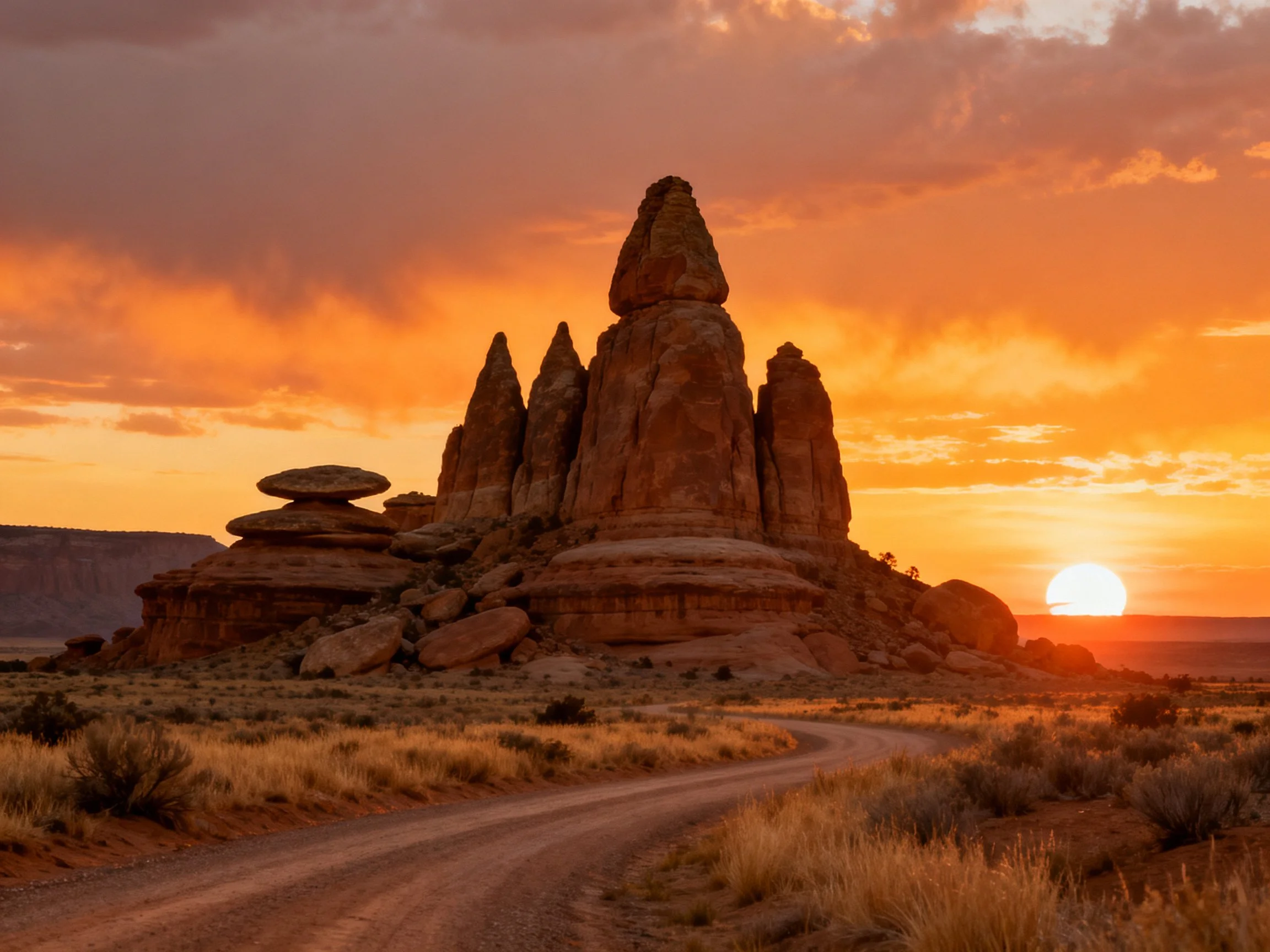 Towering sandstone formations beneath a fiery orange sunset sky