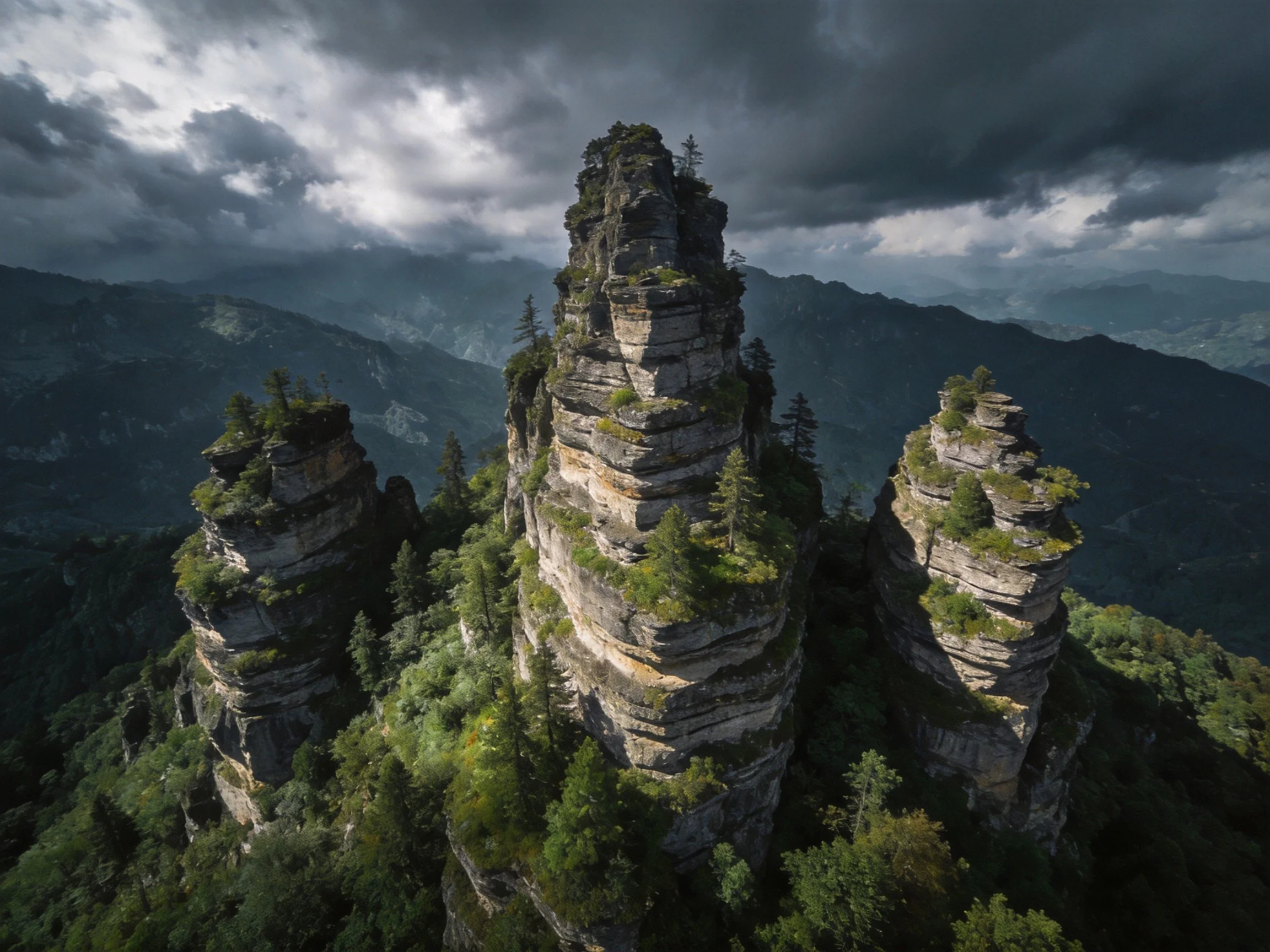 Towering sandstone pillars with layered cliffs under stormy skies