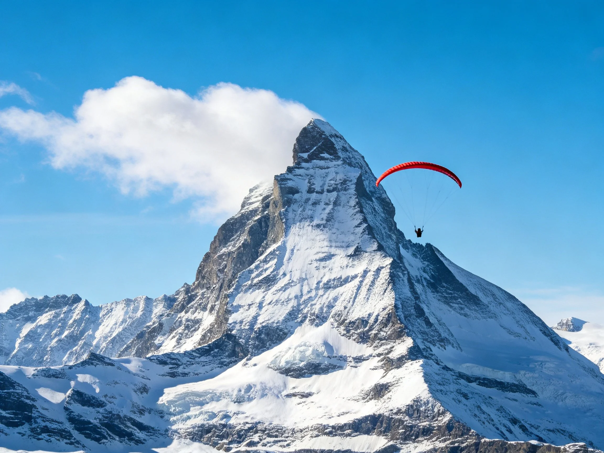 Towering snow-capped Matterhorn with bright red paraglider soaring nearby