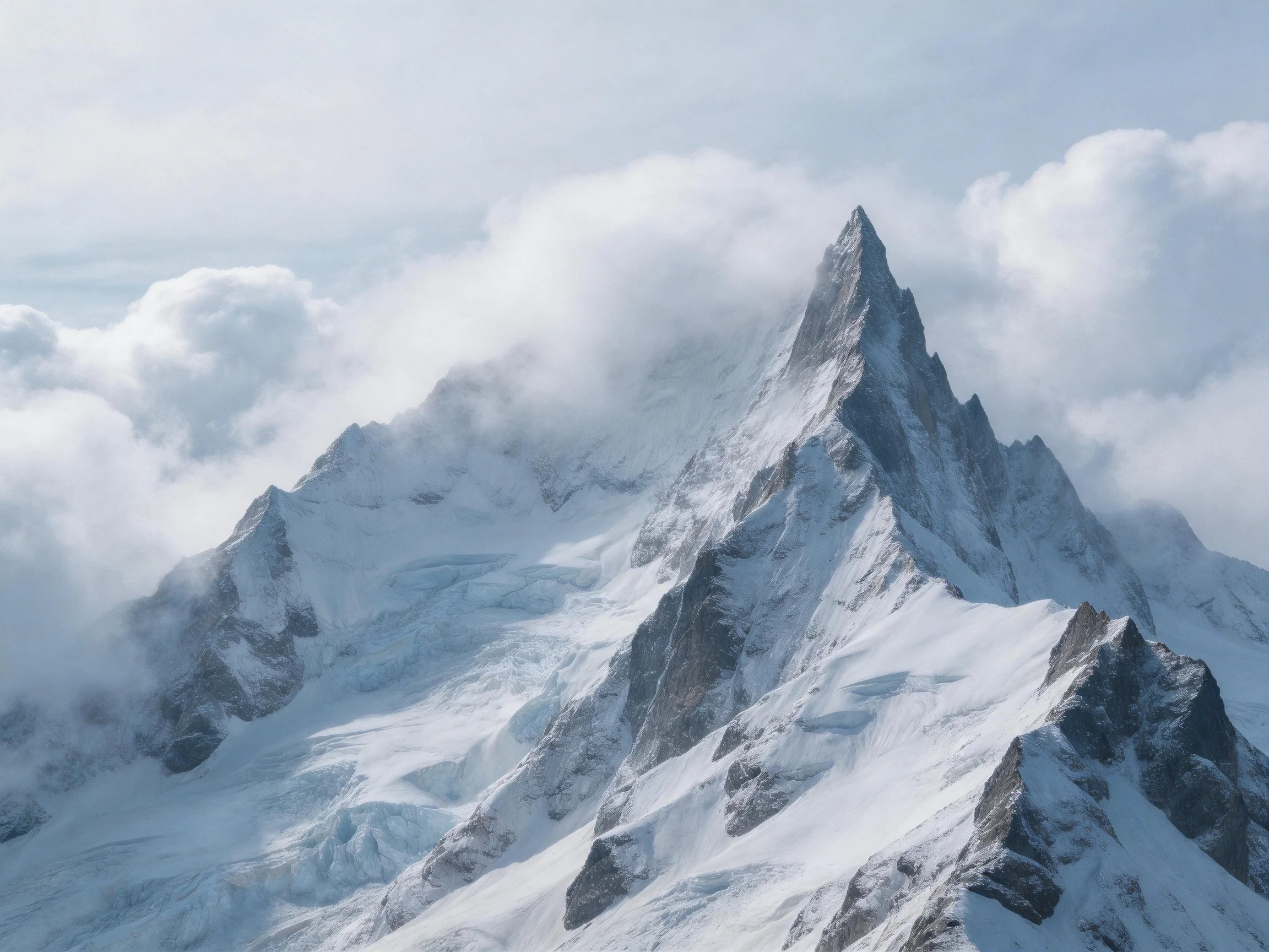 Towering snow - capped mountain peak surrounded by misty clouds