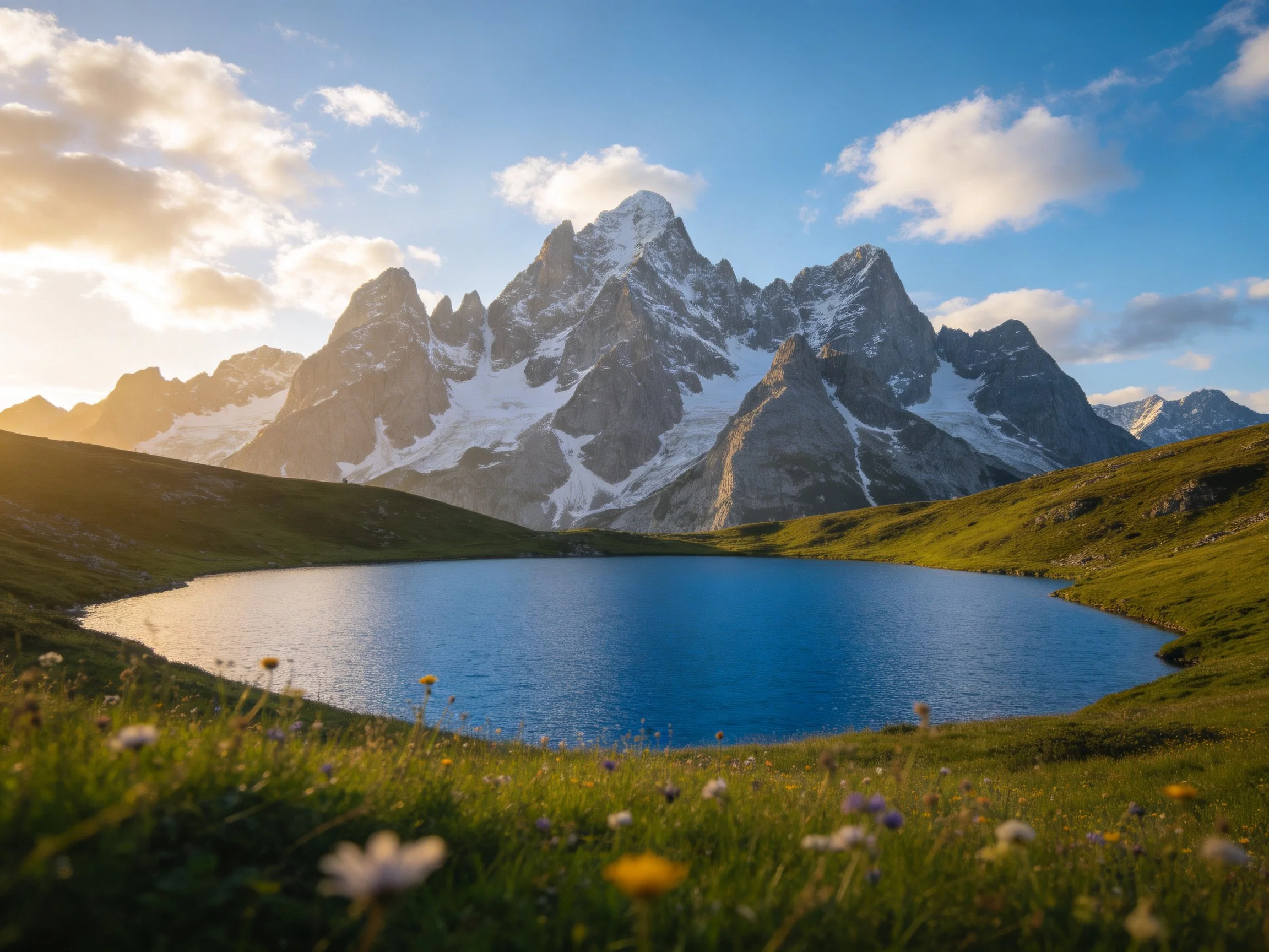 Towering snow-capped mountains frame a vibrant blue alpine lake