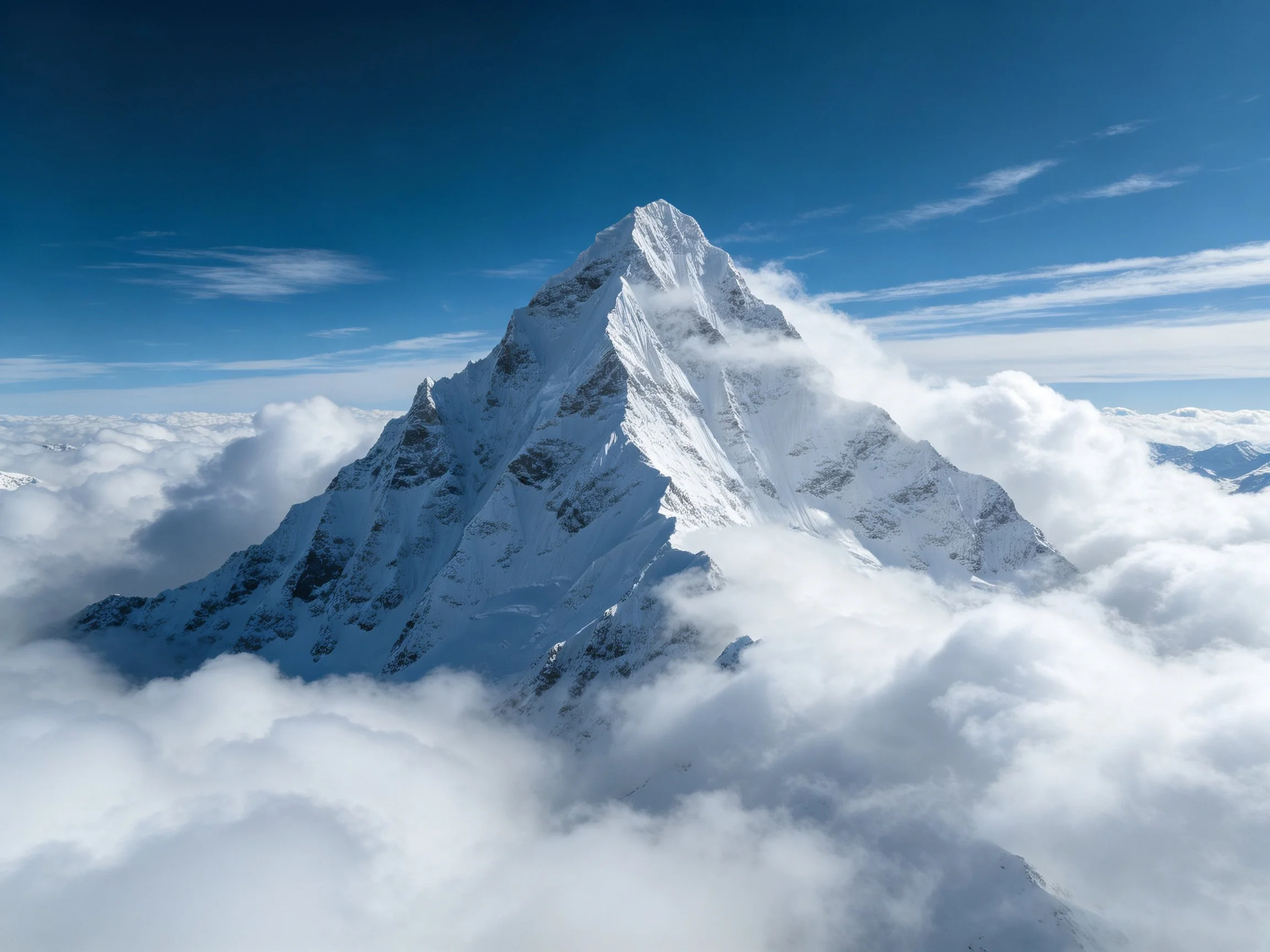 Towering snow-capped peak rises above sea of clouds