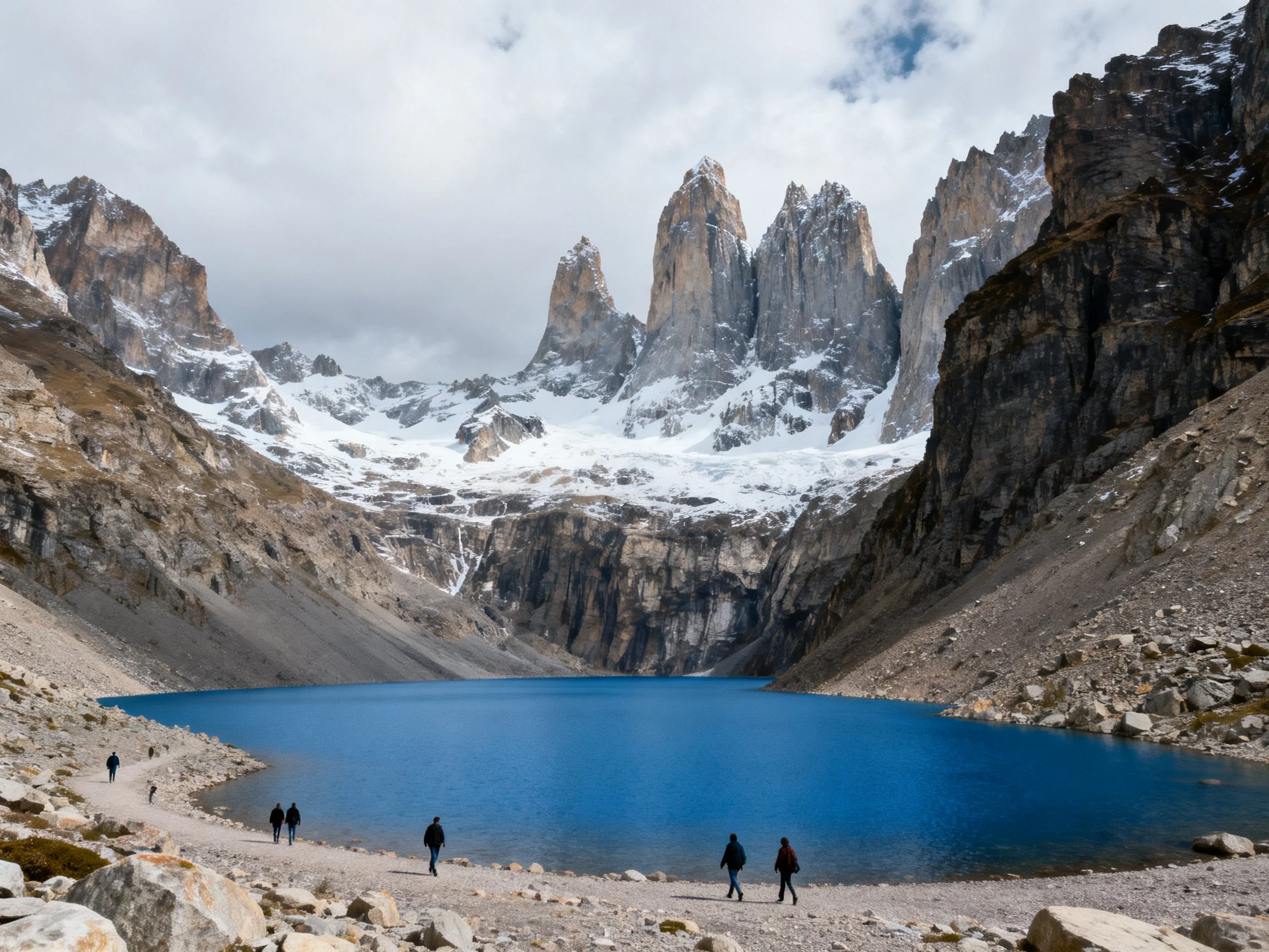 Towering snow-capped peaks encircle a vivid blue alpine lake