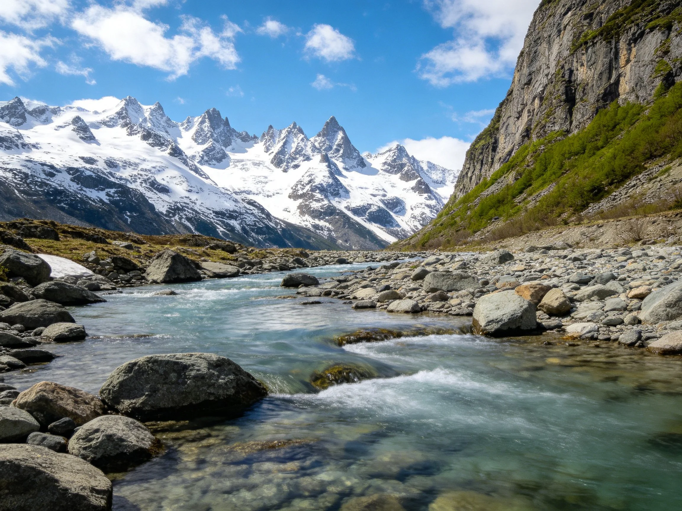 Towering snow - capped peaks overlook a rocky stream with clear water.