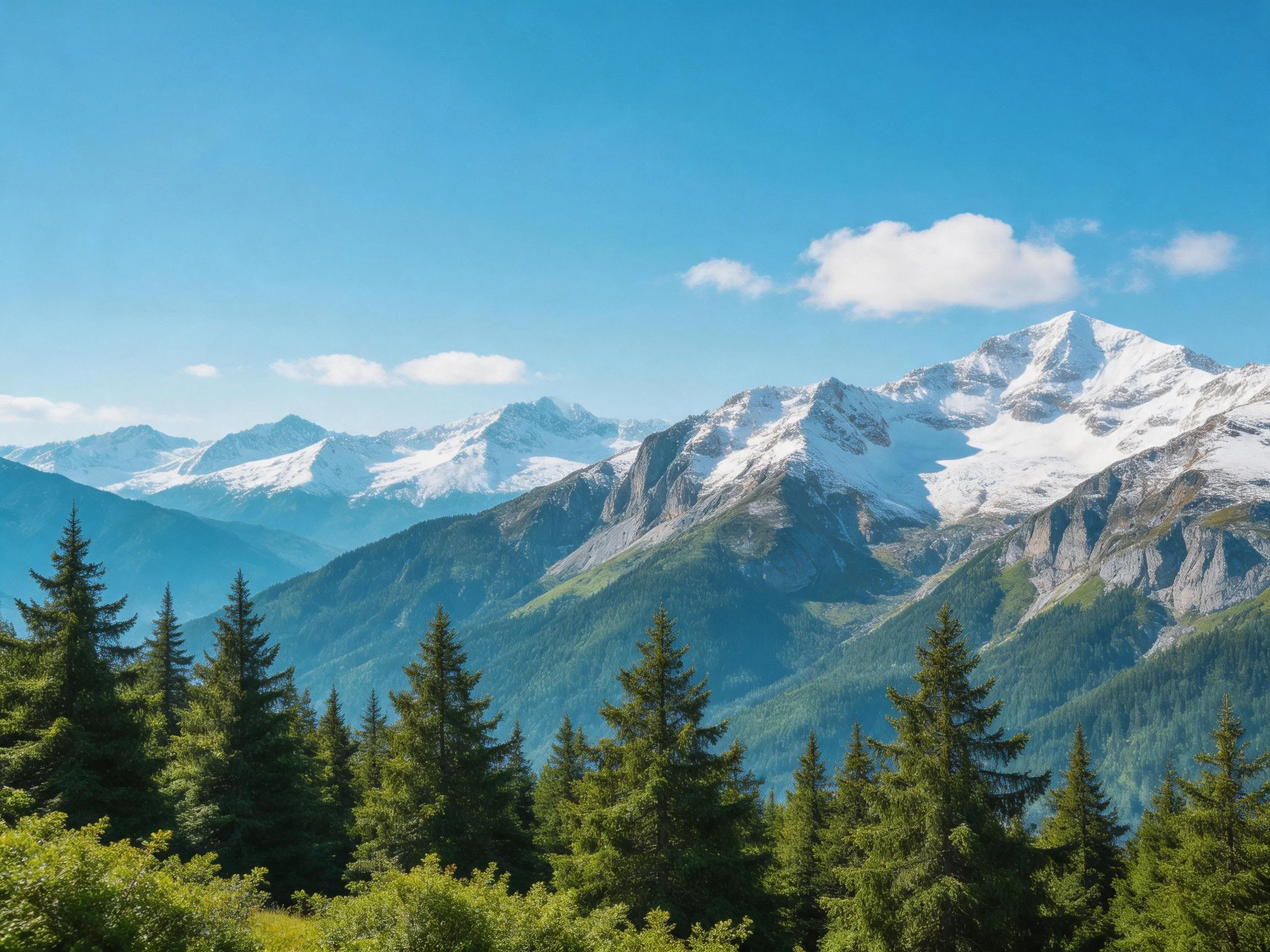 Towering snow-capped peaks overlook lush evergreen forests under clear blue skies.