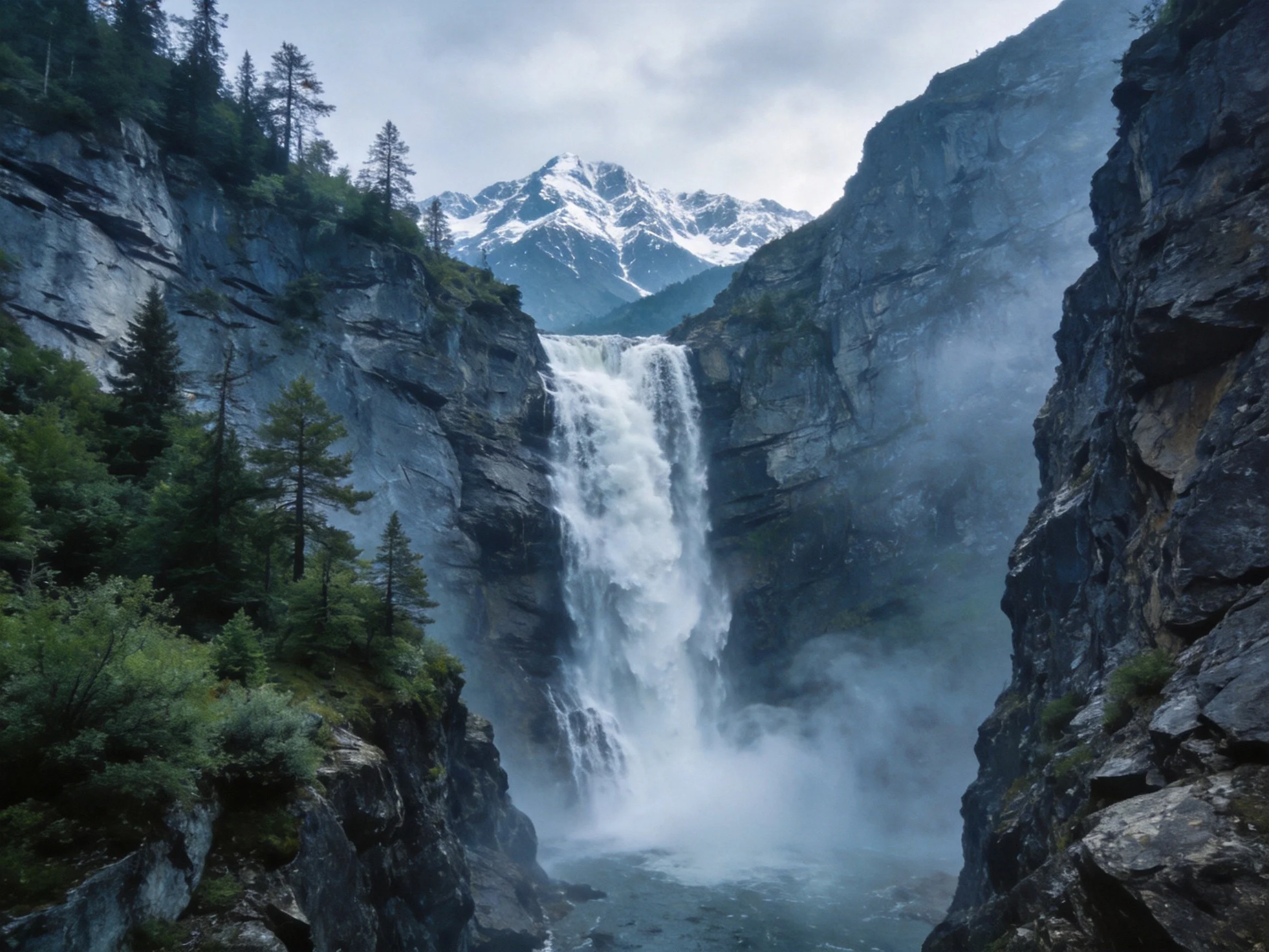 Towering waterfall amidst rocky cliffs with snow-capped mountains