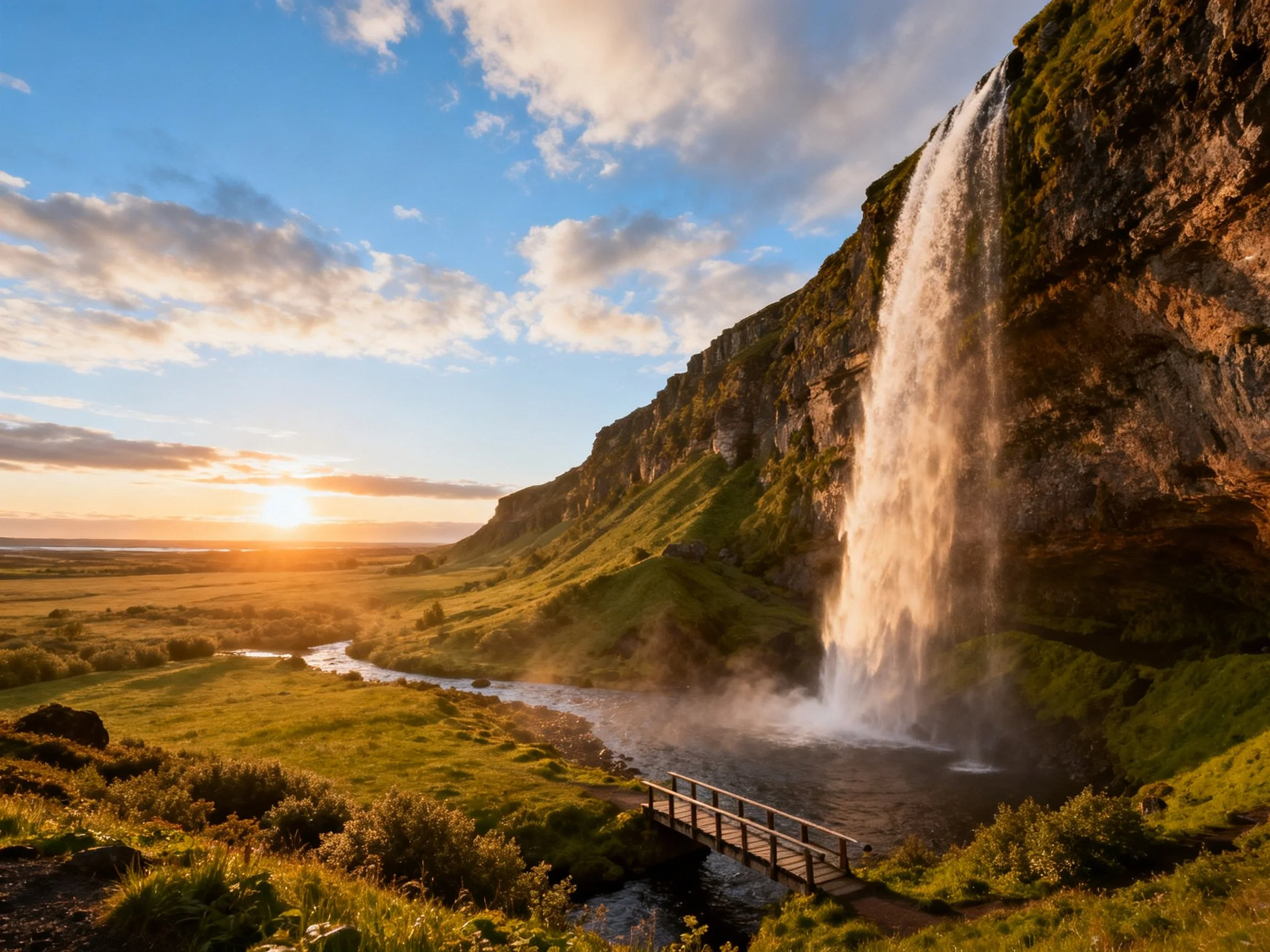 Towering waterfall cascades over cliffside near golden sunset landscape