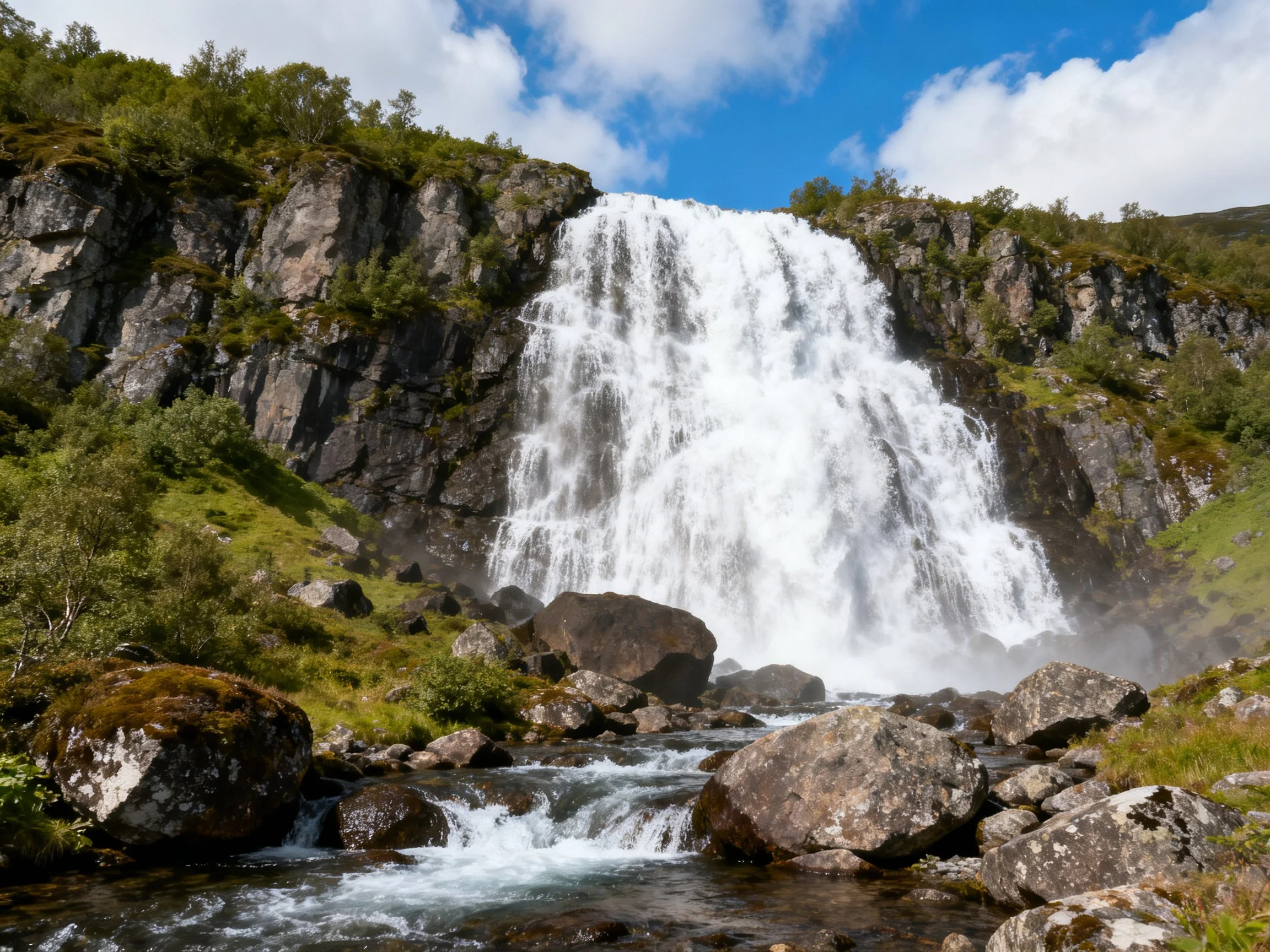 Towering waterfall cascades over dark rocky cliffs into a rushing stream