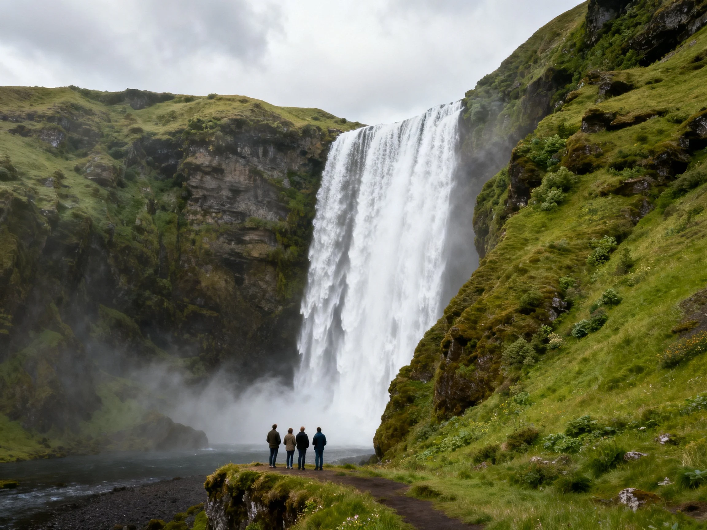 Towering waterfall cascades over mossy cliffs near four visitors