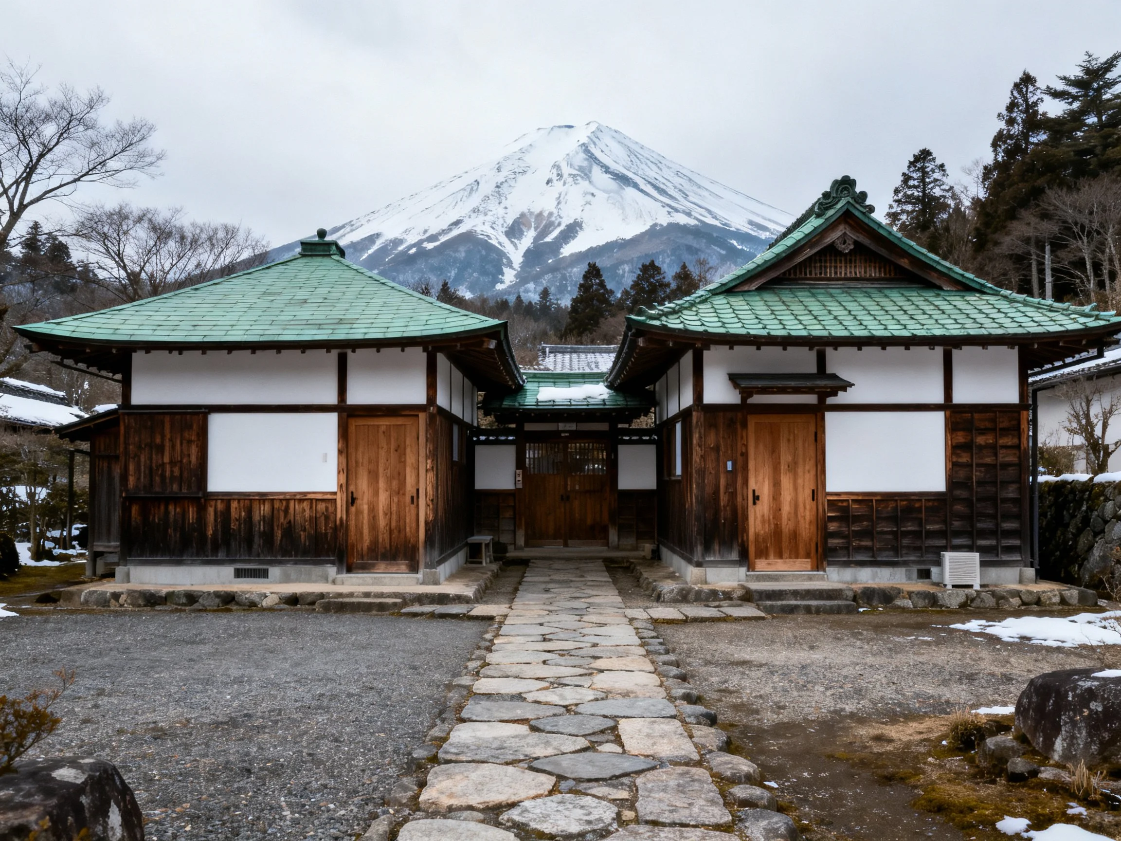 Traditional Japanese residential buildings with Mount Fuji in snowy backdrop