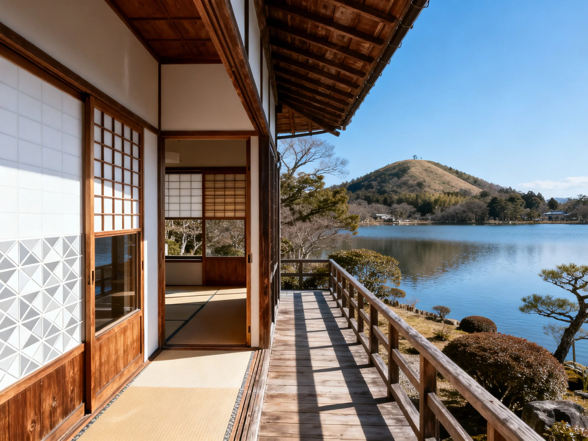 Traditional Japanese wooden house overlooking serene lakeside and hill
