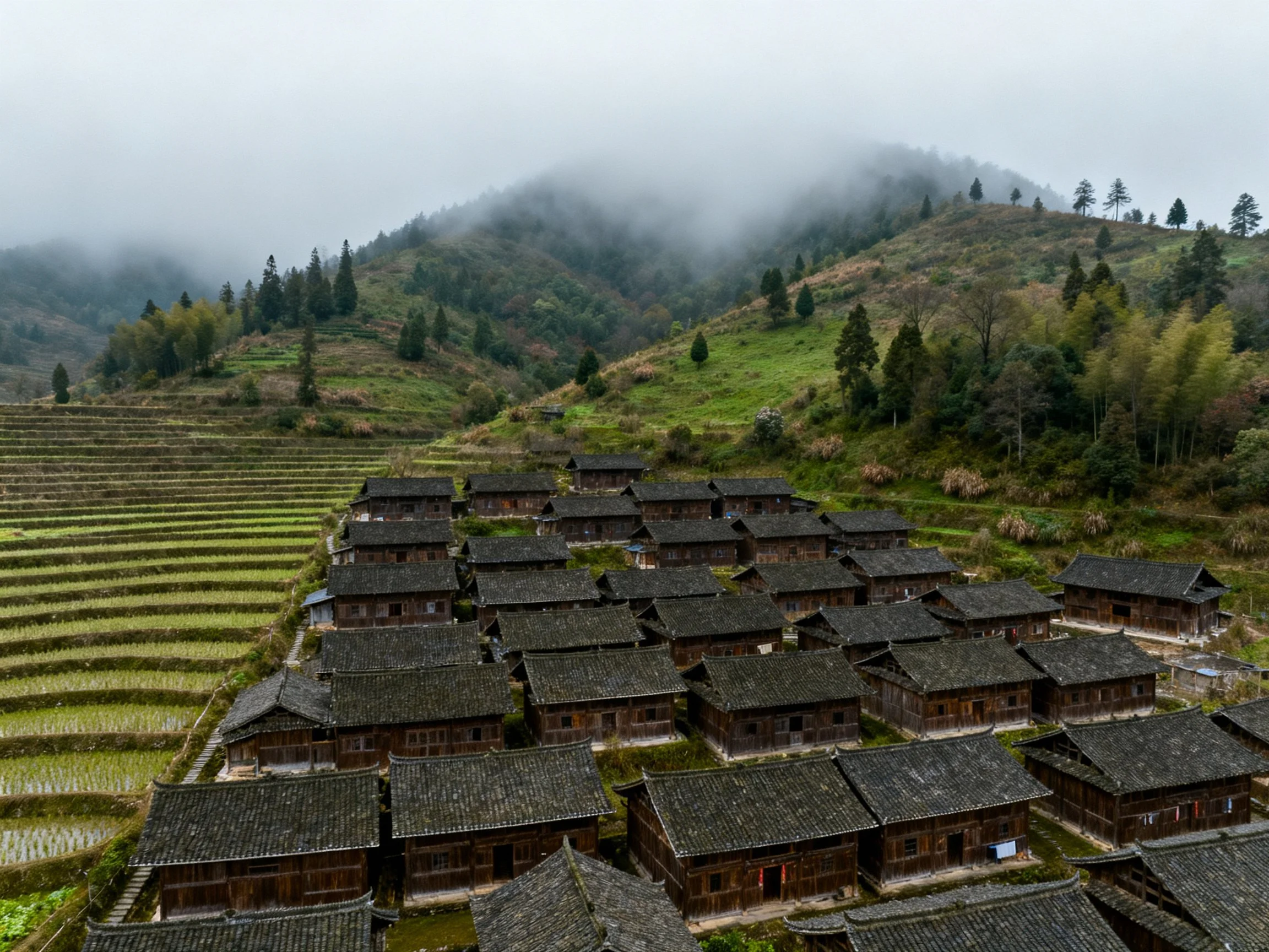 Traditional Village with Wooden Houses Near Terraced Fields