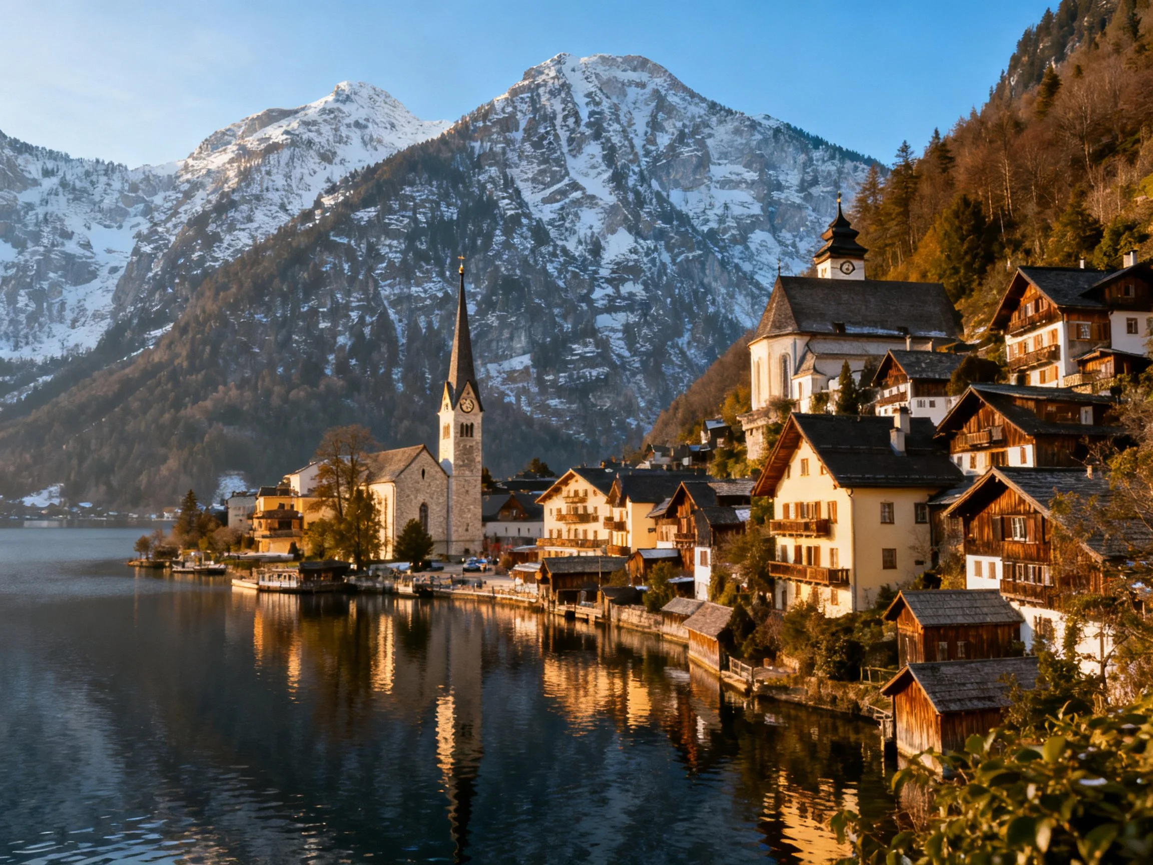 Traditional alpine village beside reflective lake with snow-capped mountains