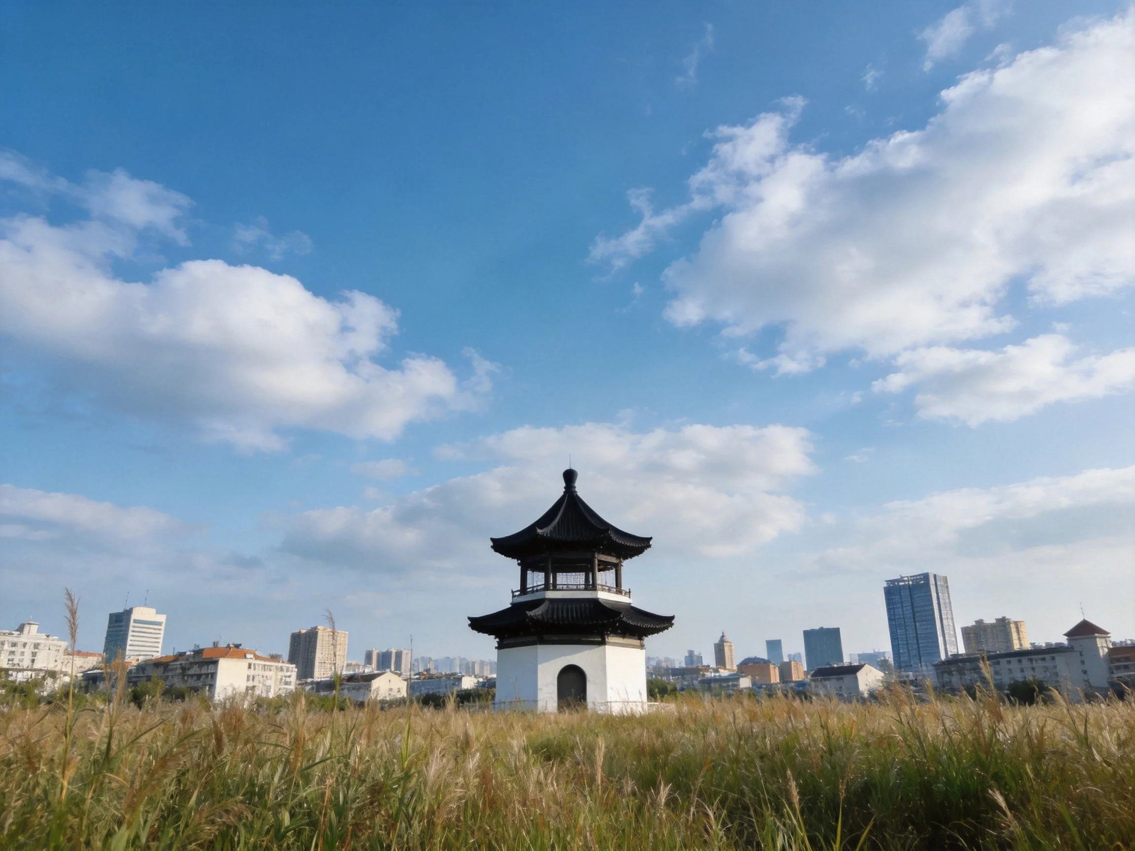 Traditional black-roofed tower amid tall grass with urban skyline backdrop
