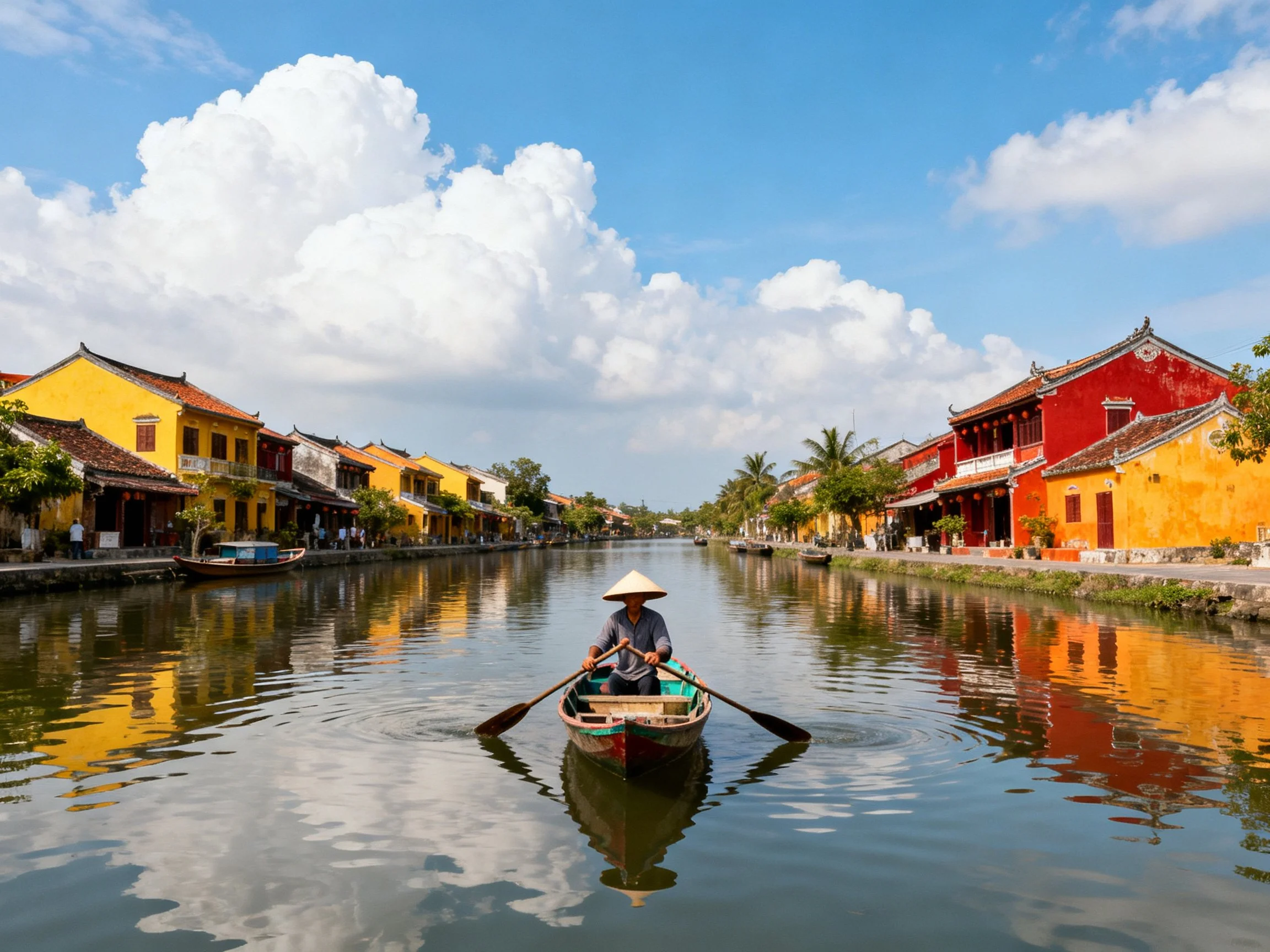 Traditional boat ride through vibrant yellow and red canal-side buildings