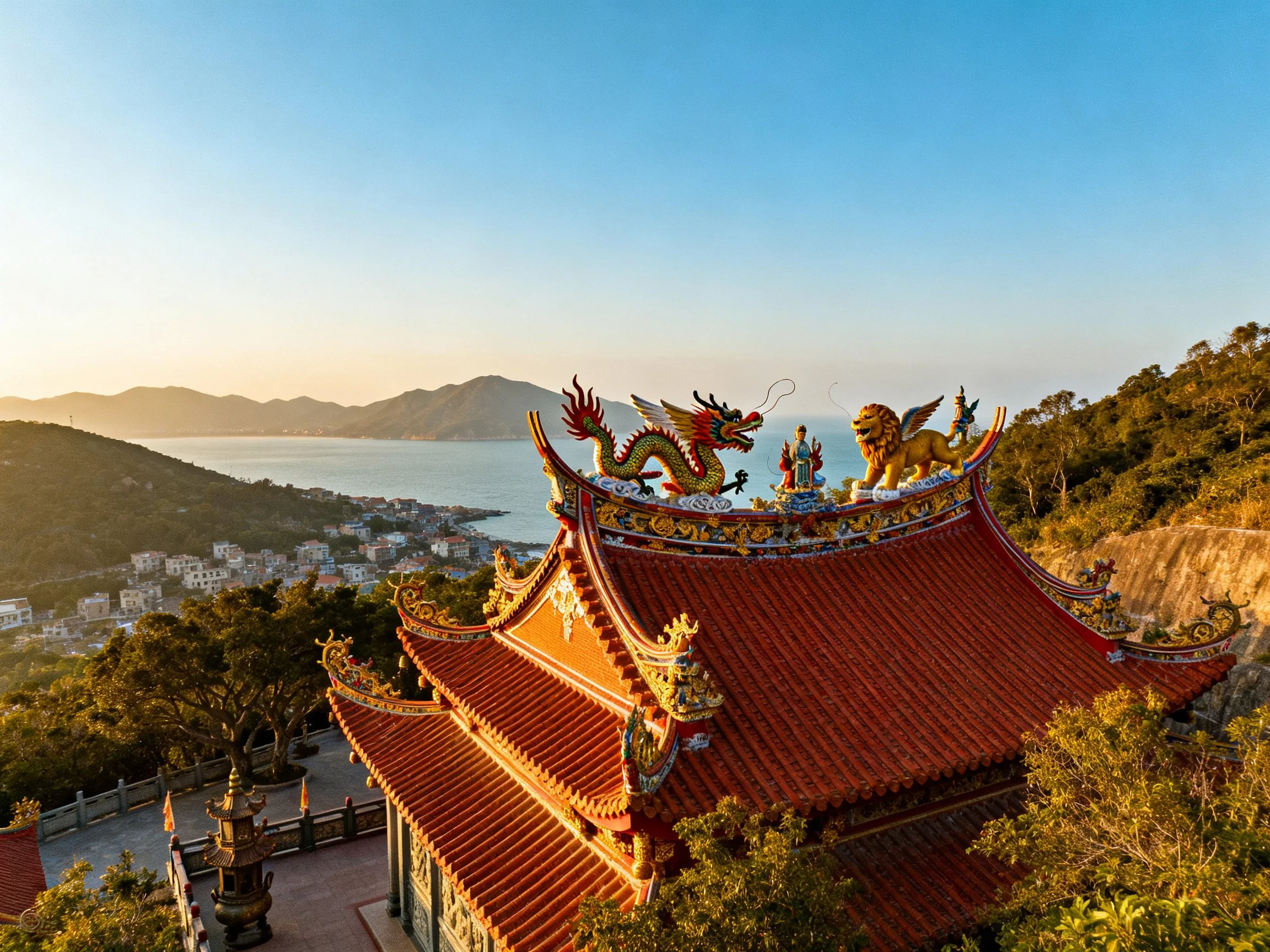 Traditional temple with colorful roof sculptures overlooking coastal waters