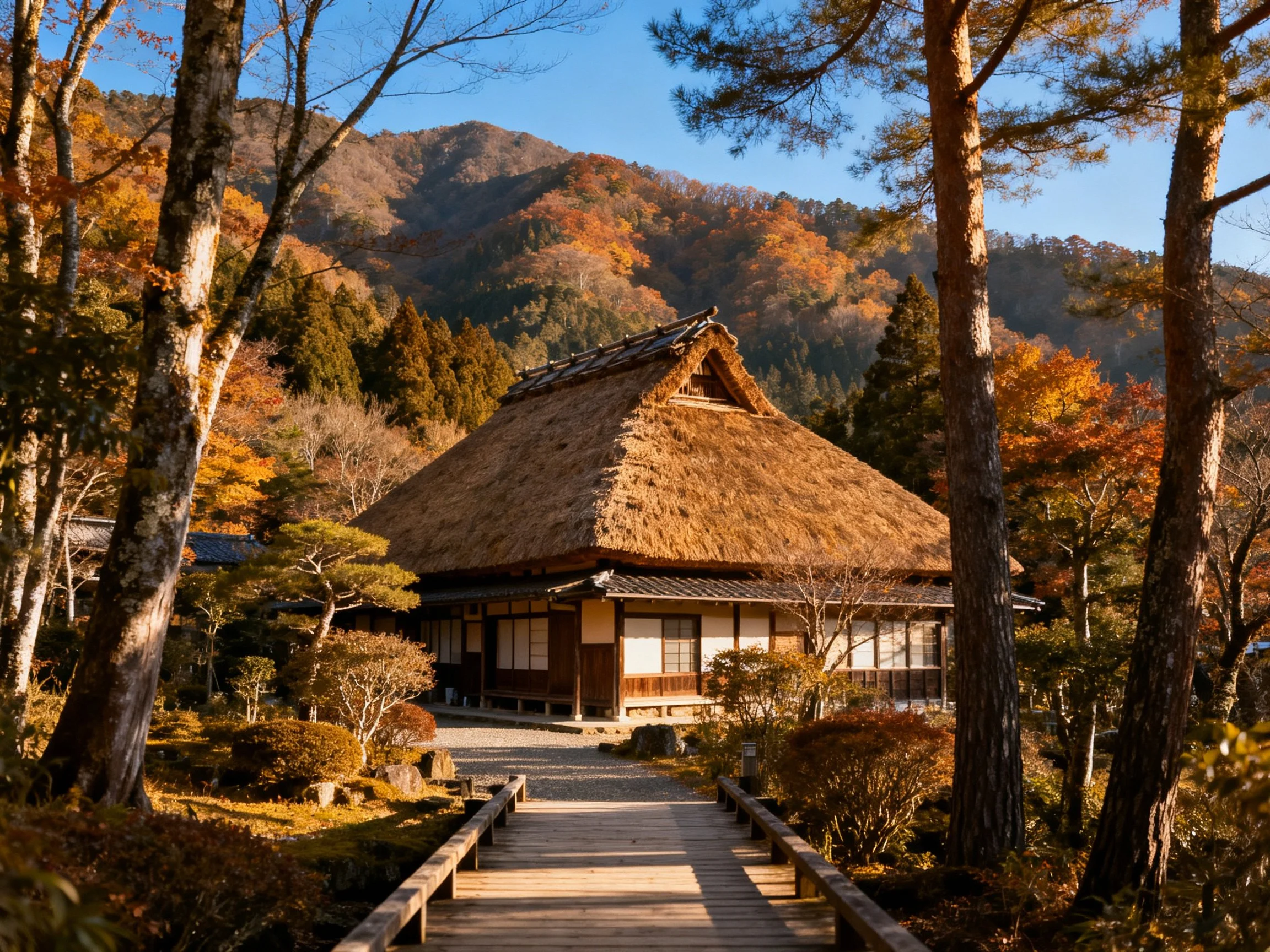 Traditional thatched-roof house surrounded by autumn foliage and mountains