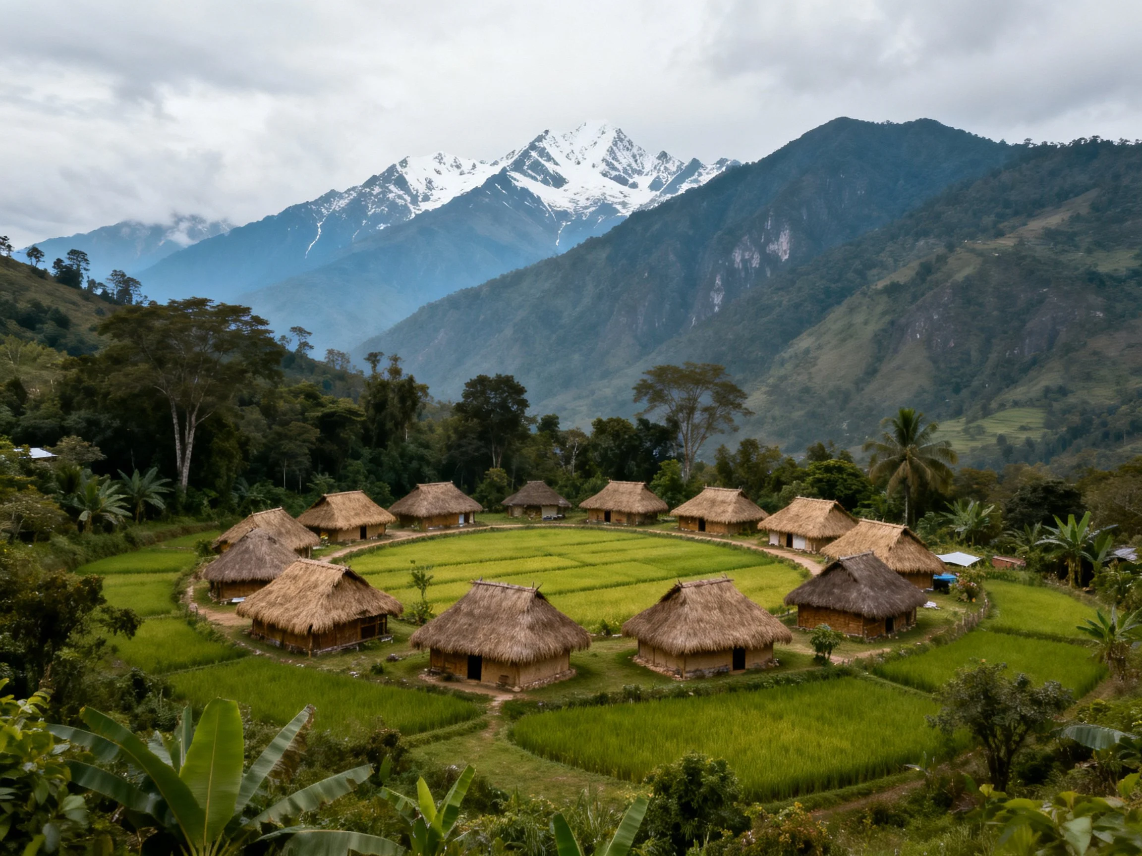 Traditional village with circular huts around rice fields near snow-capped mountains