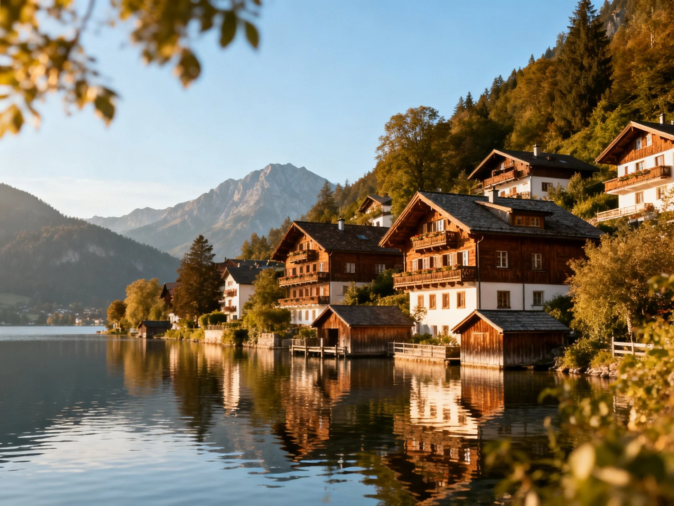 Traditional wooden cottages by serene lake with mountain backdrop