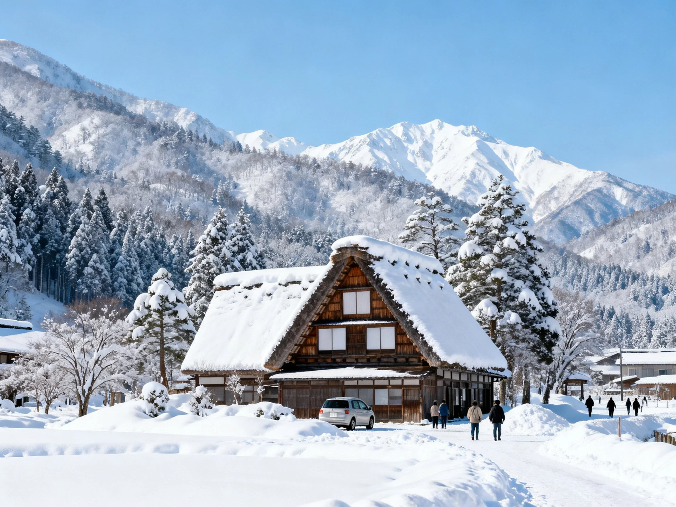 Traditional wooden house with snow-covered roof in mountainous winter landscape