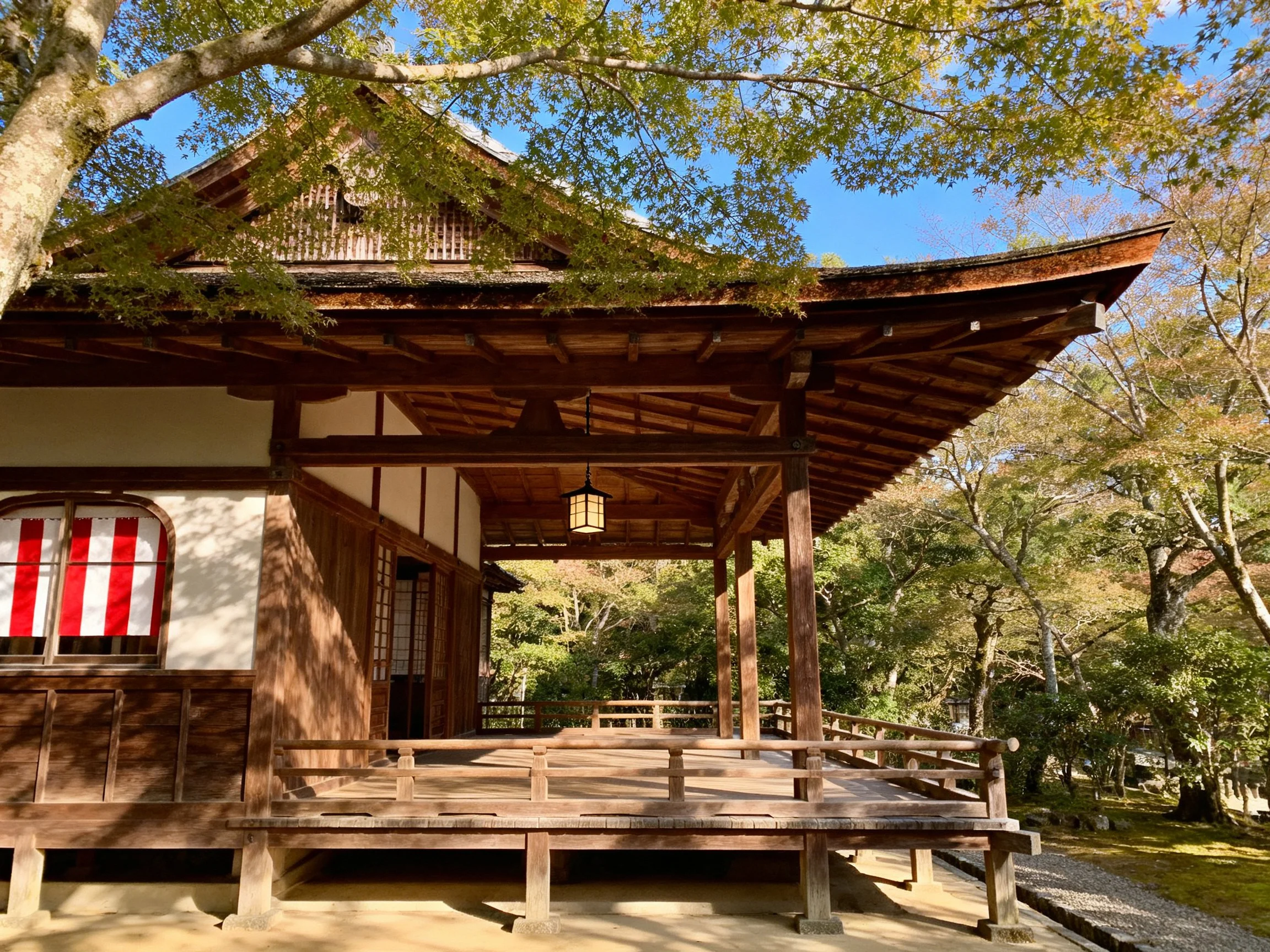 Traditional wooden temple with extended eaves and forest surroundings