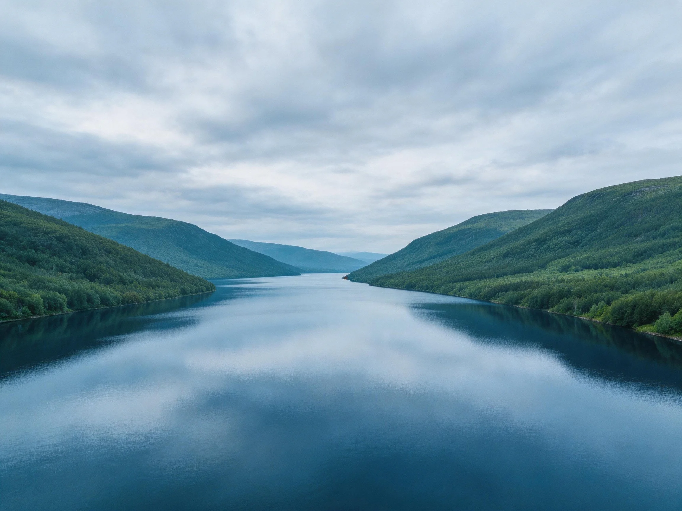 Tranquil Lake Between Green Hills Under Cloudy Sky
