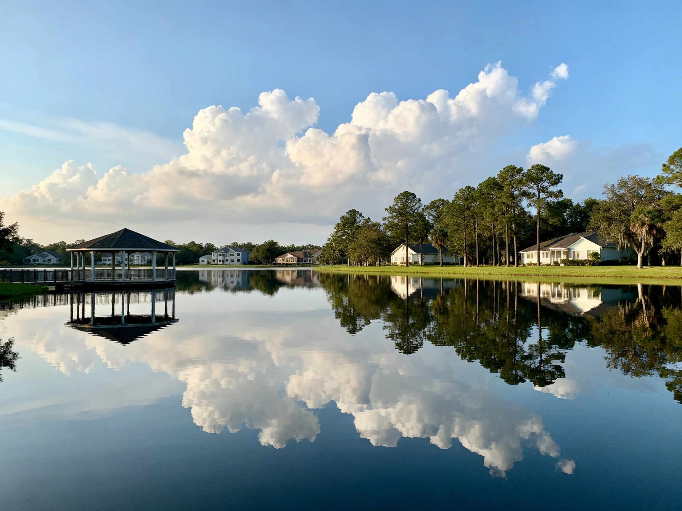 Tranquil Lake Reflects Cloudy Sky, Gazebos, and Homes
