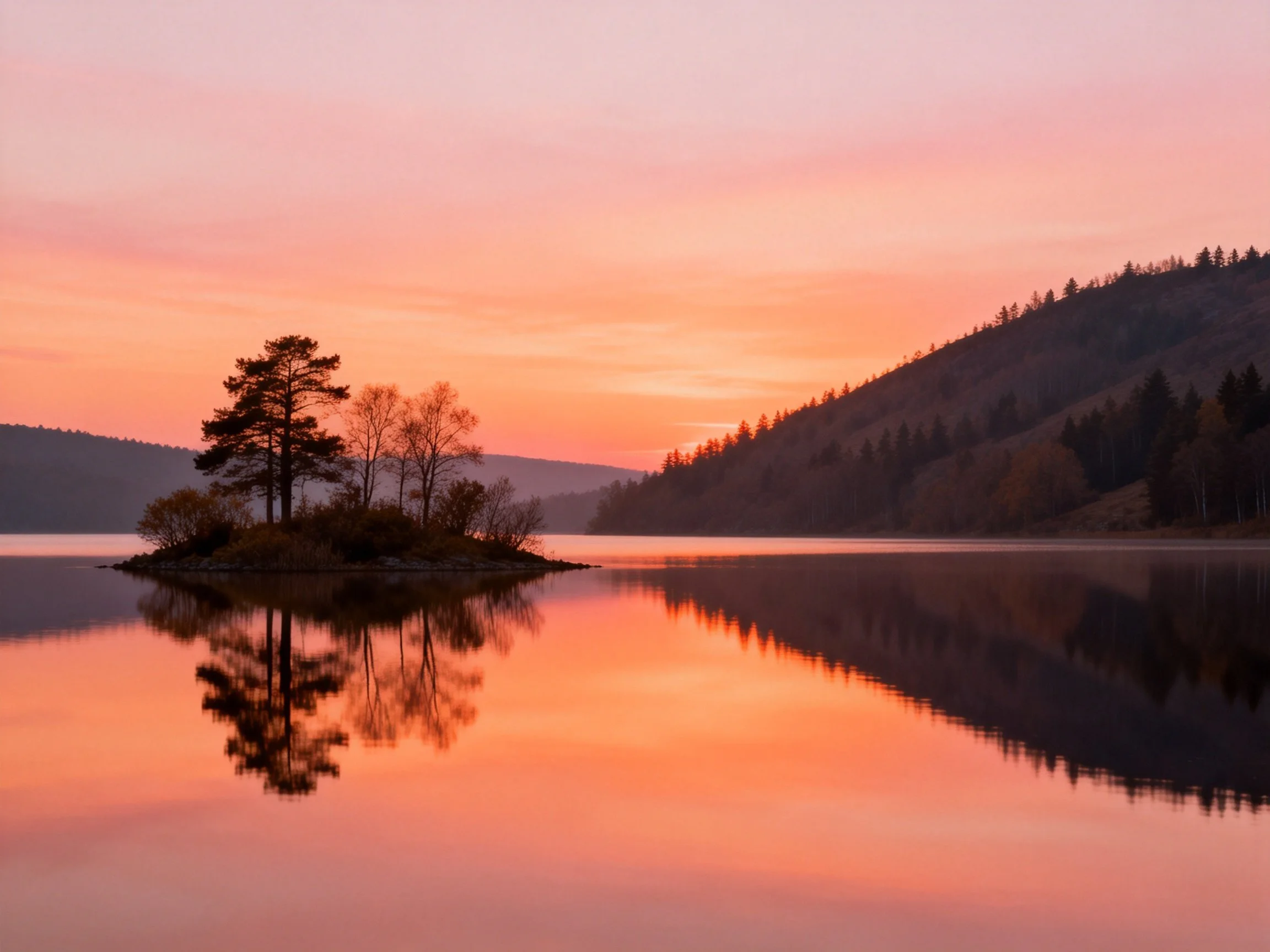 Tranquil Lake With Tree-Covered Island Reflecting Sunset Hues