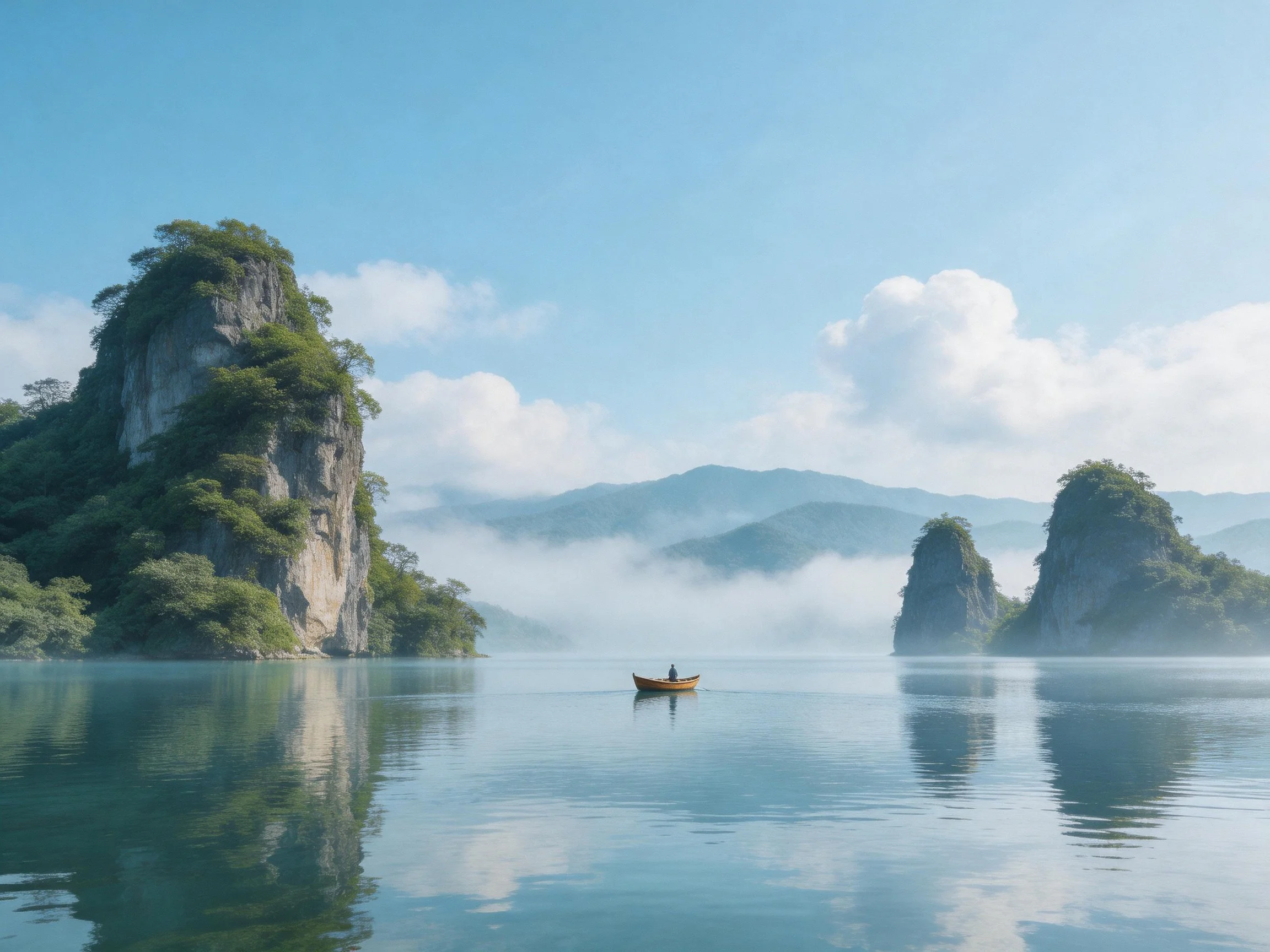 Tranquil Lake with Lush Green Cliffs and Misty Mountain Peaks