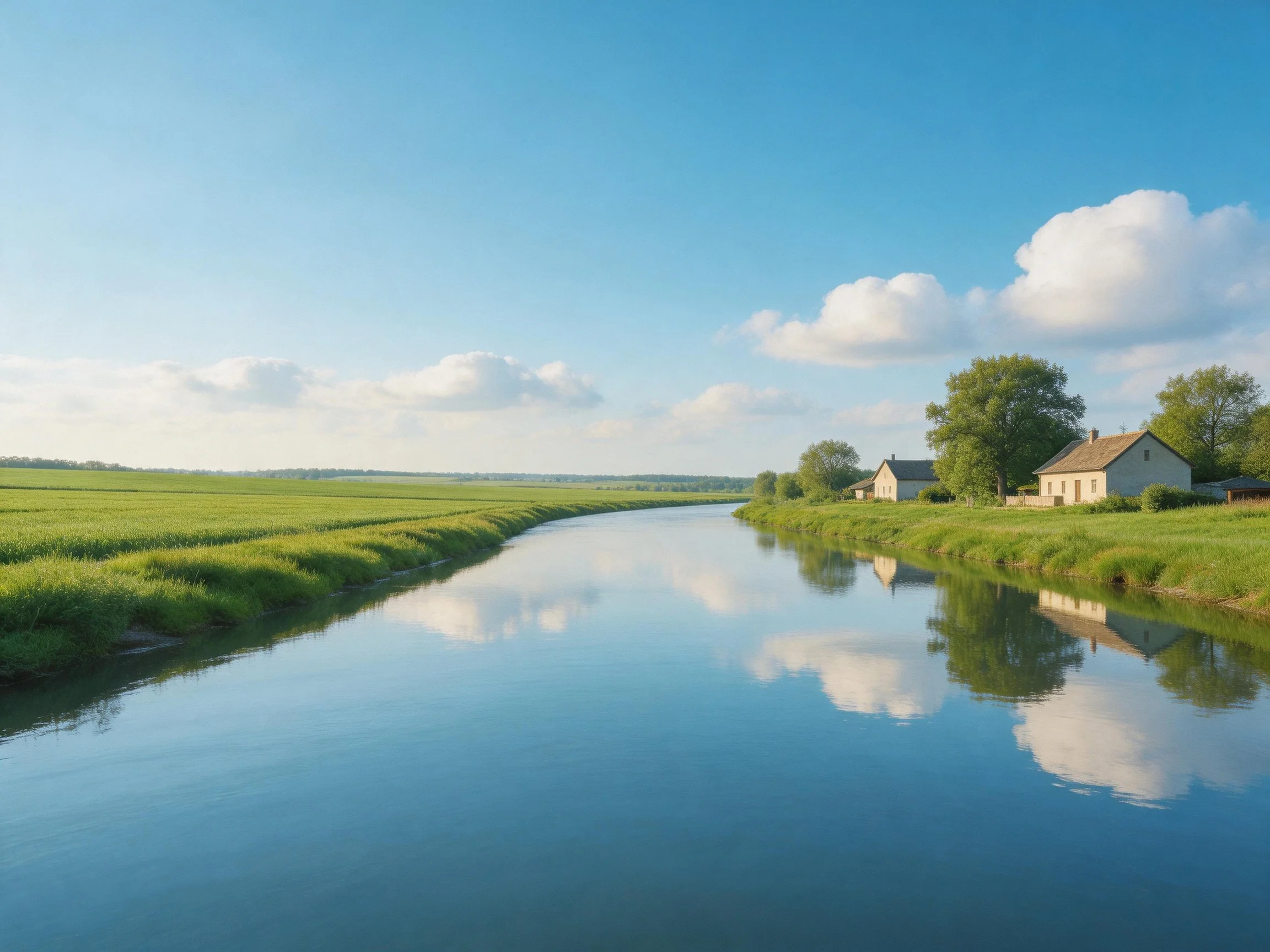 Tranquil River Reflecting Skies and Fields Near Homes