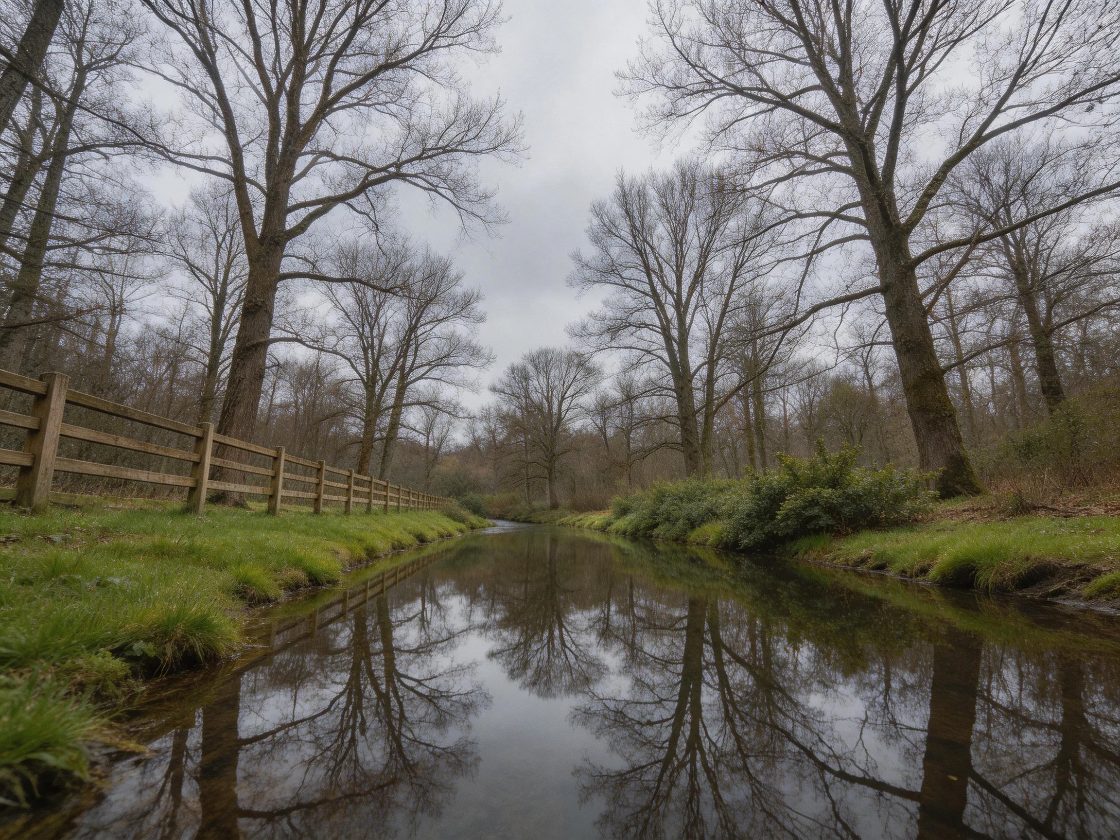 Tranquil Stream Reflects Bare Trees and Wooden Fence Under Overcast Sky