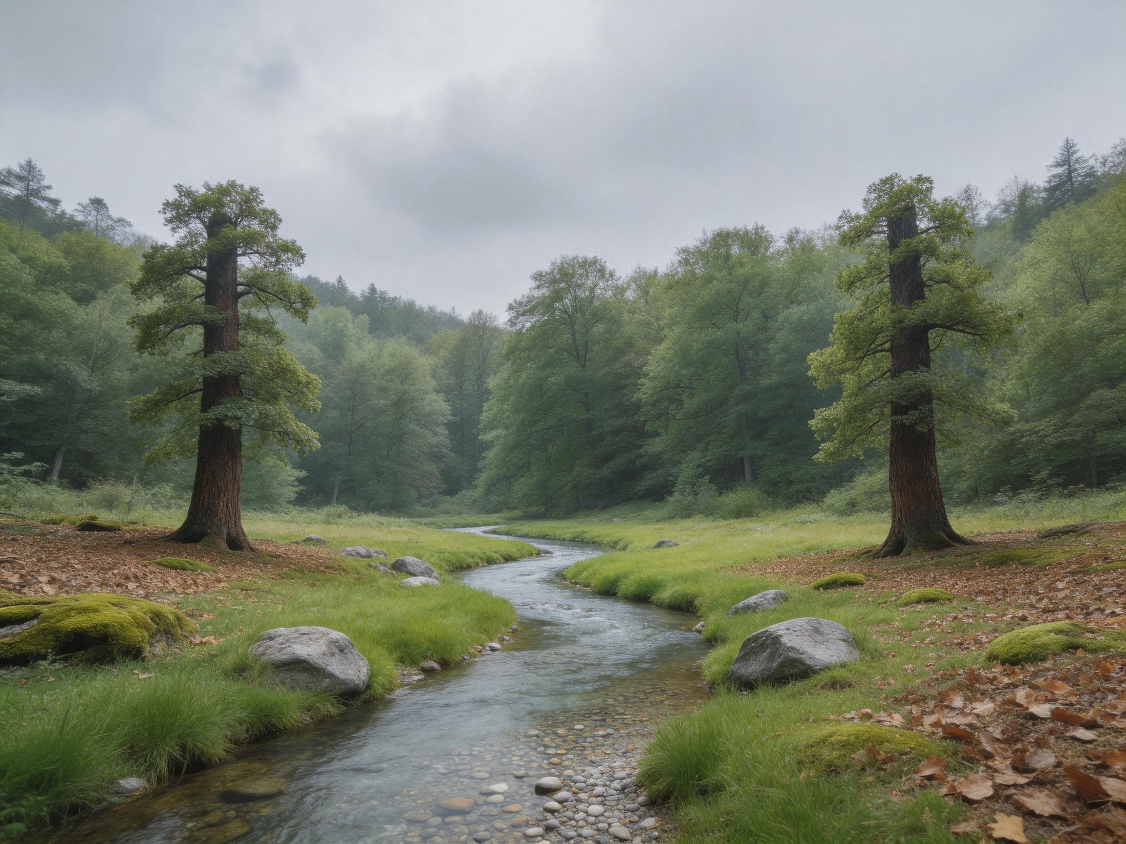 Tranquil forest stream with tall trees and rocky banks