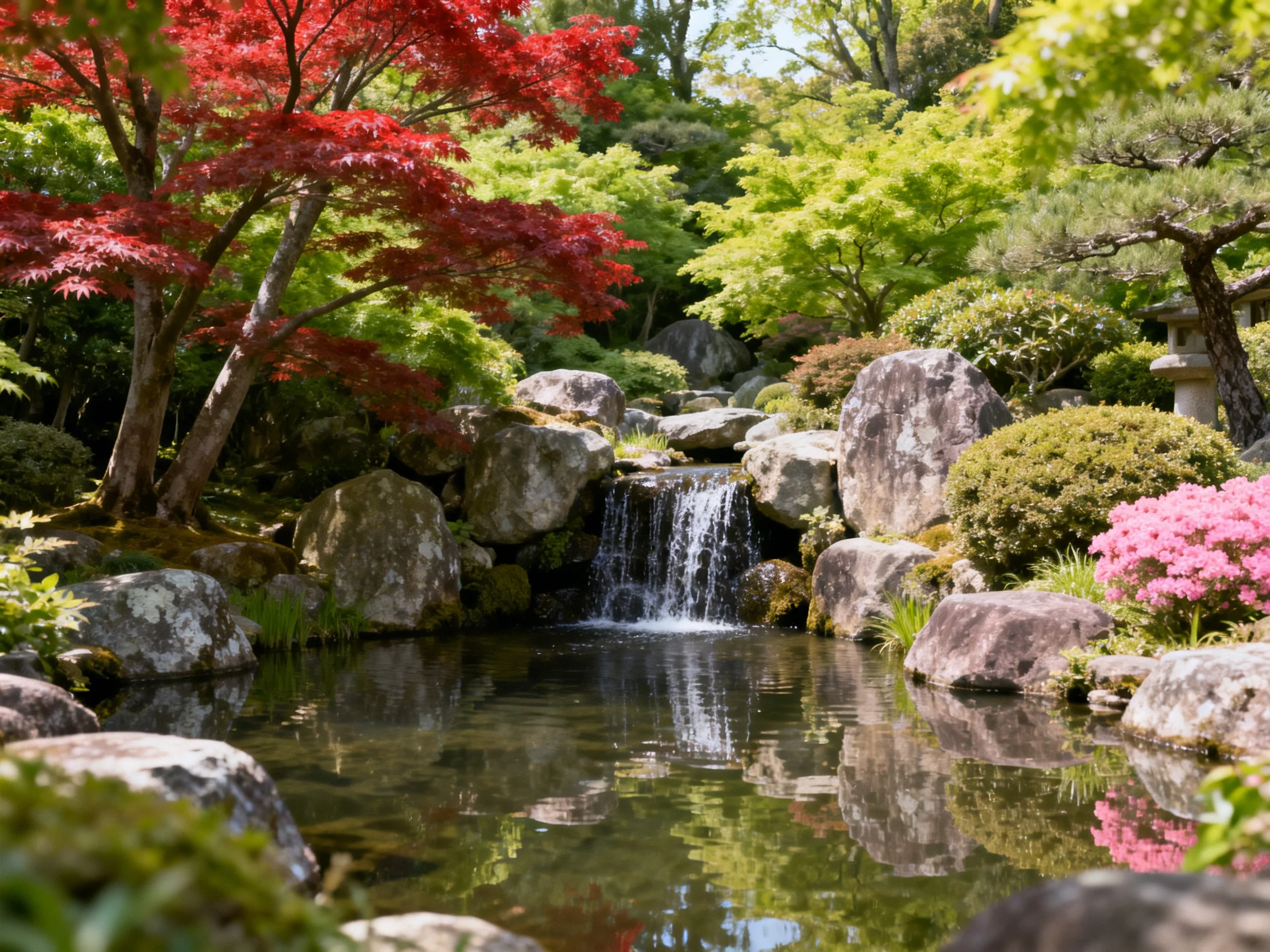 Tranquil garden with rocky waterfall, red maple, and pink blooms